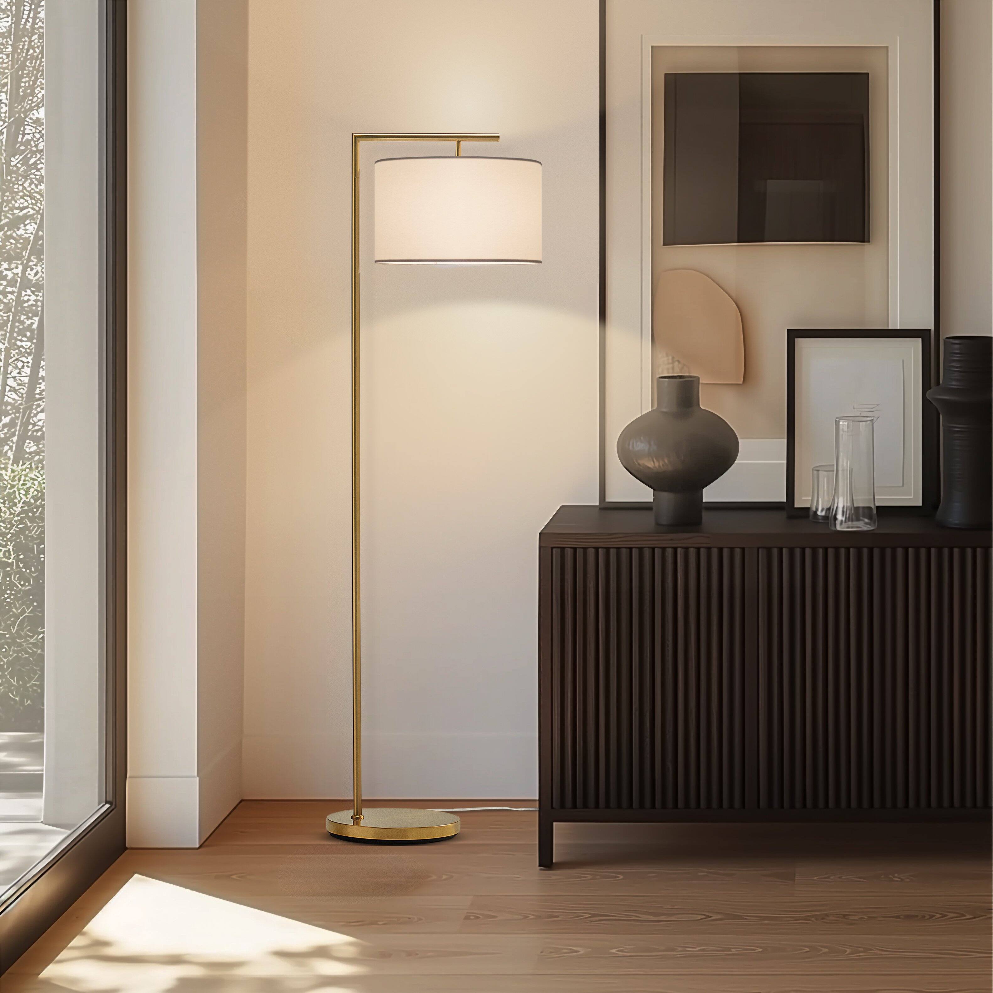 Alt View 7. Brightech - Montage Modern LED Midcentury Modern Arc Super Bright Floor Lamp with Ivory White Fabric Drum Shade - Antiqued Brass.