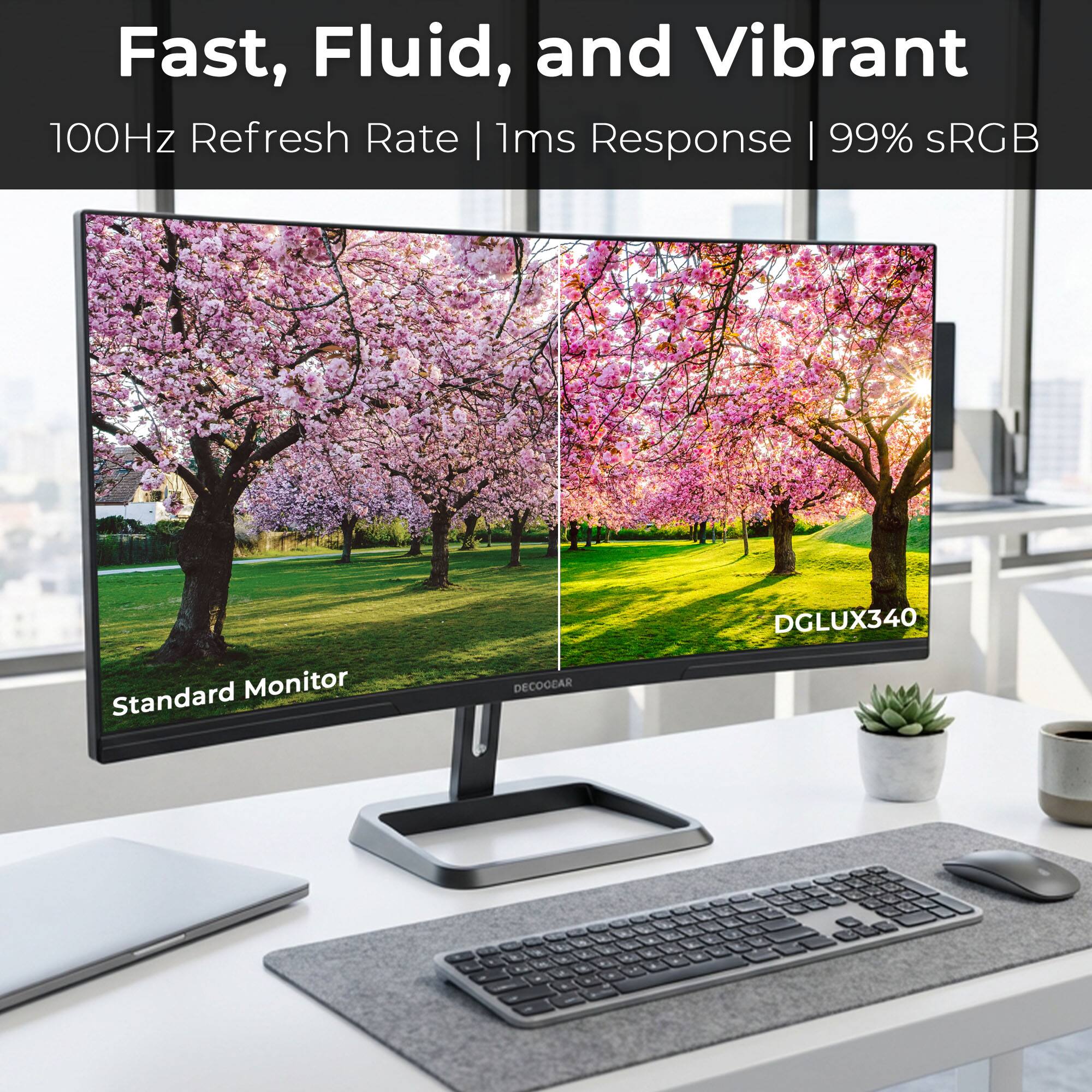 Fast, Fluid, and Vibrant  
100Hz Refresh Rate | 1ms Response | 99% sRGB  

Standard Monitor  
DGLUX340