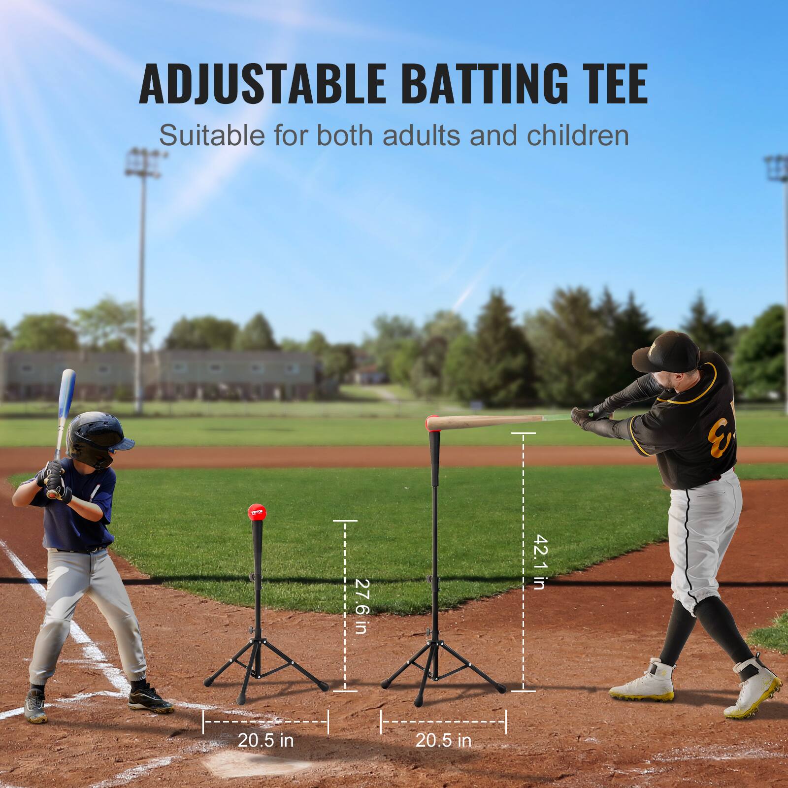 ADJUSTABLE BATTING TEE Suitable for both adults and children 20.5 in 20.5 in 27.6 in 42.1 in