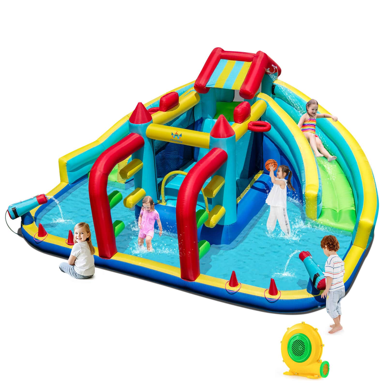 Costway - Inflatable Water Park with Climbing Wall Splash Pool Water Cannons 680W Blower - Multicolor