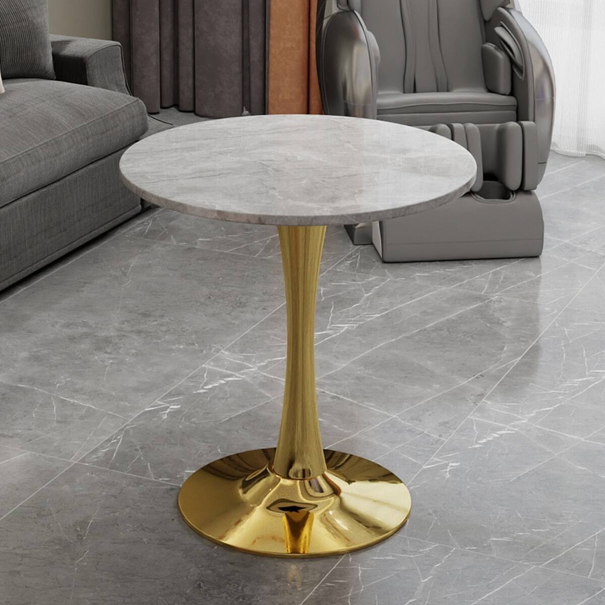 Front. Loheer - Loheer Round Gold Coffee Table with Marble Effect Tabletop, 27.6-Inch Mid-Century Modern Living Room Table - Gold and light gray.