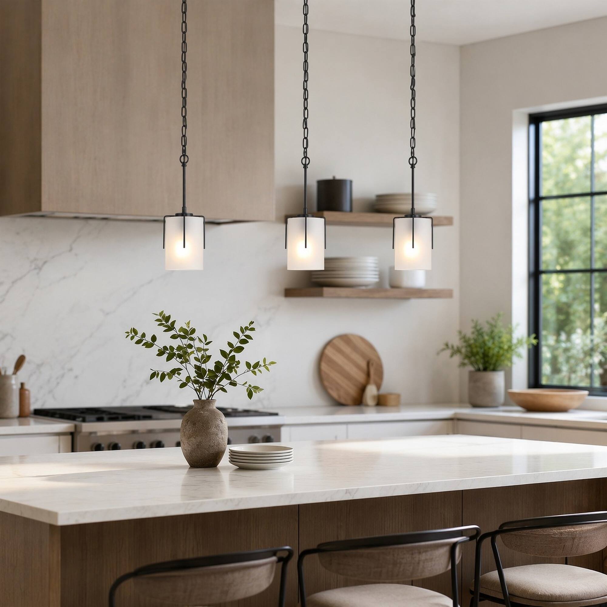 Back. RYHNUYNE - Modern Black Pendant Light with Frosted Glass Shade,Linear Light Fixture for Kitchen Island Dining Room - Black.