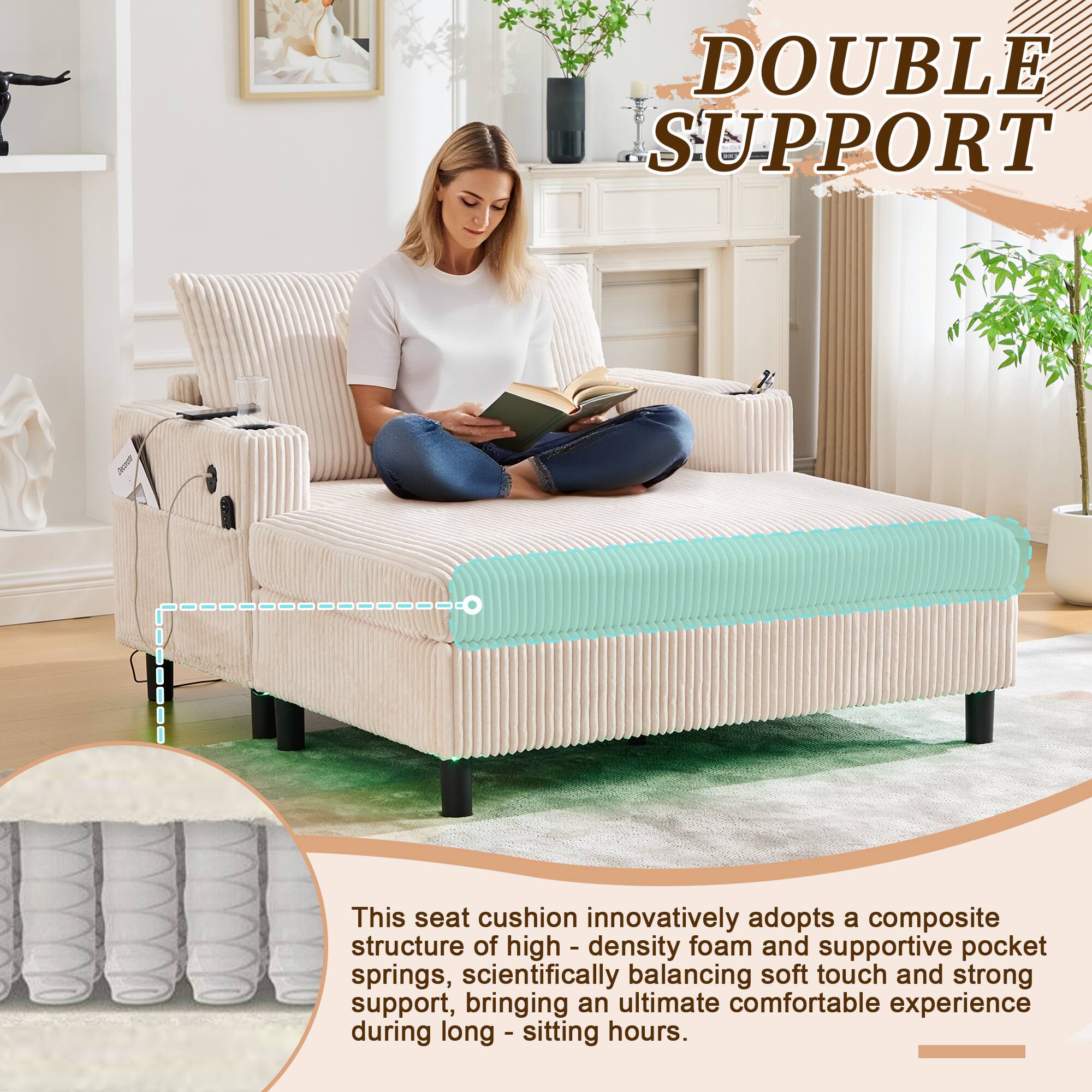 DOUBLE SUPPORT

This seat cushion innovatively adopts a composite structure of high-density foam and supportive pocket springs, scientifically balancing soft touch and strong support, bringing an ultimate comfortable experience during long-sitting hours.