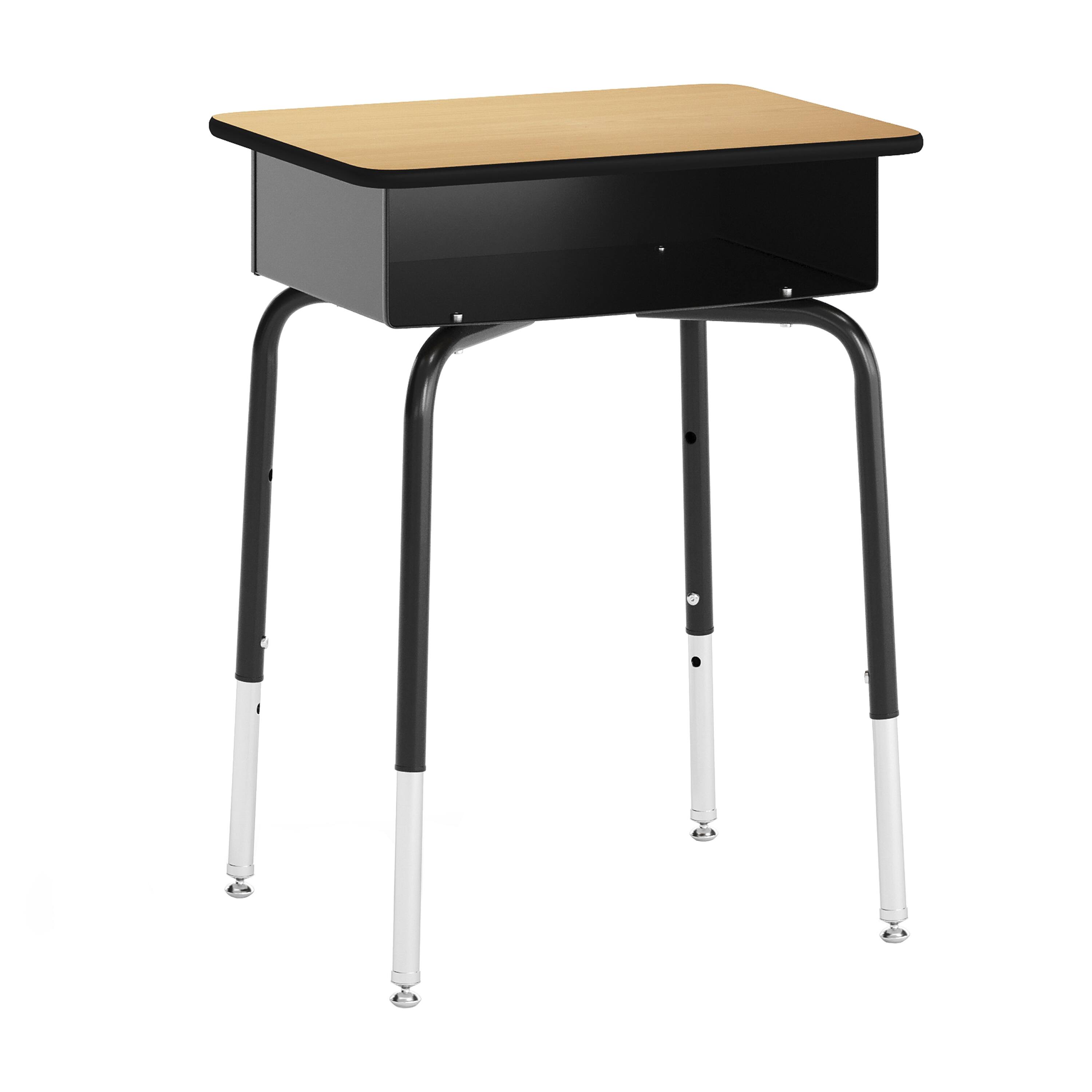 Alt View 7. Emma + Oliver - Jacobs Desk/Chair Set with Metal Open Front Storage Box, Desktop, Metal Frame and Stackable Flex Comfort Classroom Chair - Natural Top/Navy Chair.