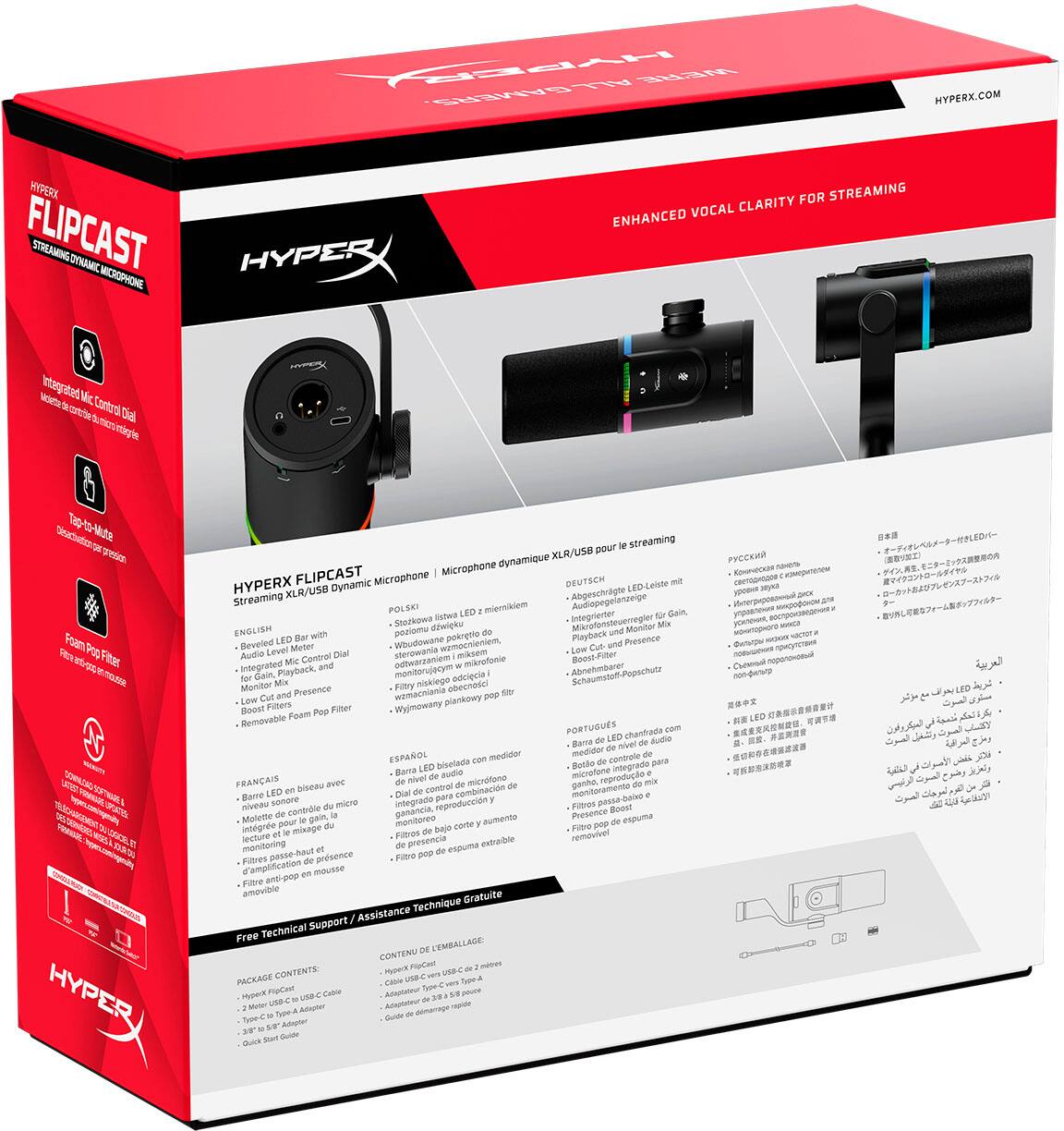 Sure, here is the corrected and grouped text from the image:

---

**HYPERX FLIPCAST**  
**STREAMING DYNAMIC MICROPHONE**

**ENHANCED VOCAL CLARITY FOR STREAMING**

**HYPERX.COM**

---

**Features:**

- **Integrated Mic Control Dial**  
  - Microfonie de contrôle intégré  
  - Integrierter Mikrofon-Steuer-Dial  
  - Integrovaný mikrofonový kontrolní dial  
  - Integrovaný mikrofonový kontrolní dial  
  - Integrovaný mikrofonový kontrolní dial  
  - Integrovaný mikrofonový kontrolní dial  
  - Integrovaný mikrofonový kontrolní dial  
  - Integrovaný mikrofonový kontrolní dial  
  - Integrovaný mikrofonový kontrolní dial  
  - Integrovaný mikrofonový kontrolní dial  
  - Integrovaný mikrofonový kontrolní dial  
  - Integrovaný mikrofonový kontrolní dial  
  - Integrovaný mik