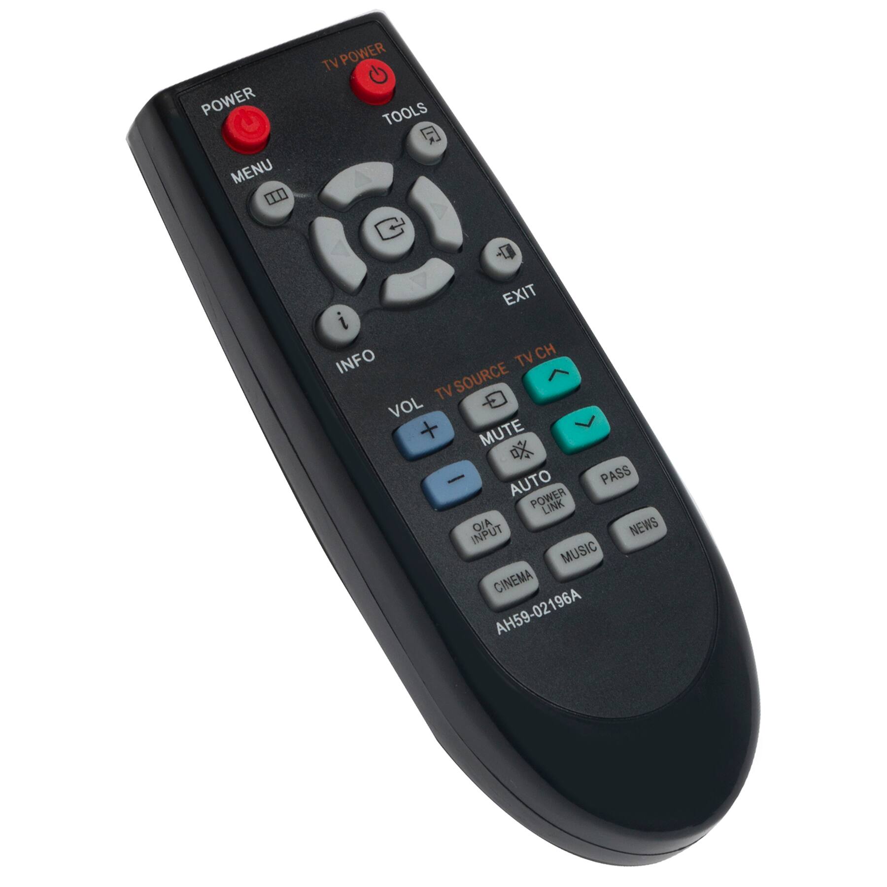 POWER MENU TV POWER TOOLS C EXIT i INFO TV CH TV SOURCE VOL + MUTE - AUTO PASS POWER LINK AIO NEWS INPUT MUSIC CINEMA AH59-02196A