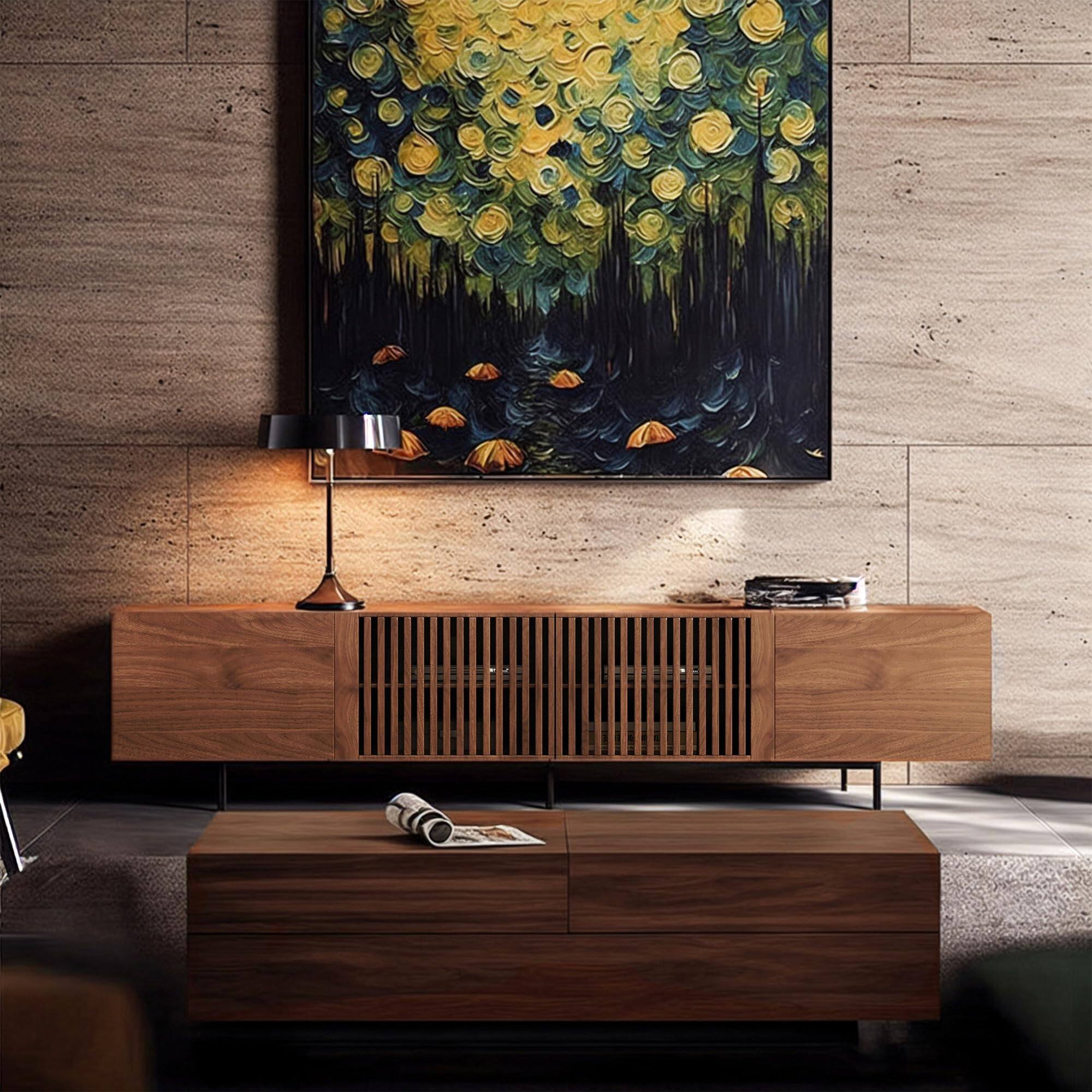 Angle. luck idea - Walnut Grain TV Stand (Oversized) | Living Room Entertainment Center - Open Storage + Cable Organization - 94.48inch.