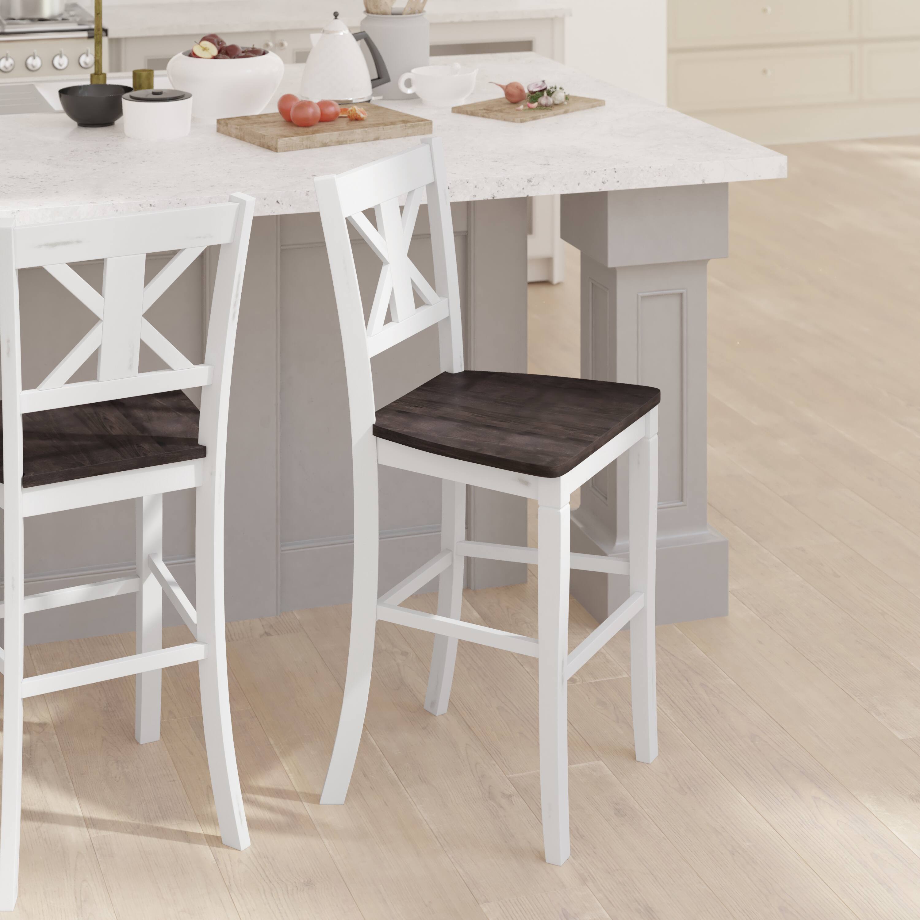 Alt View 4. Emma + Oliver - Lara Set of 2 Wooden Modern Farmhouse Bar Height Dining Stool with Decorative Carved Backrest and Wood Seat - White Wash.