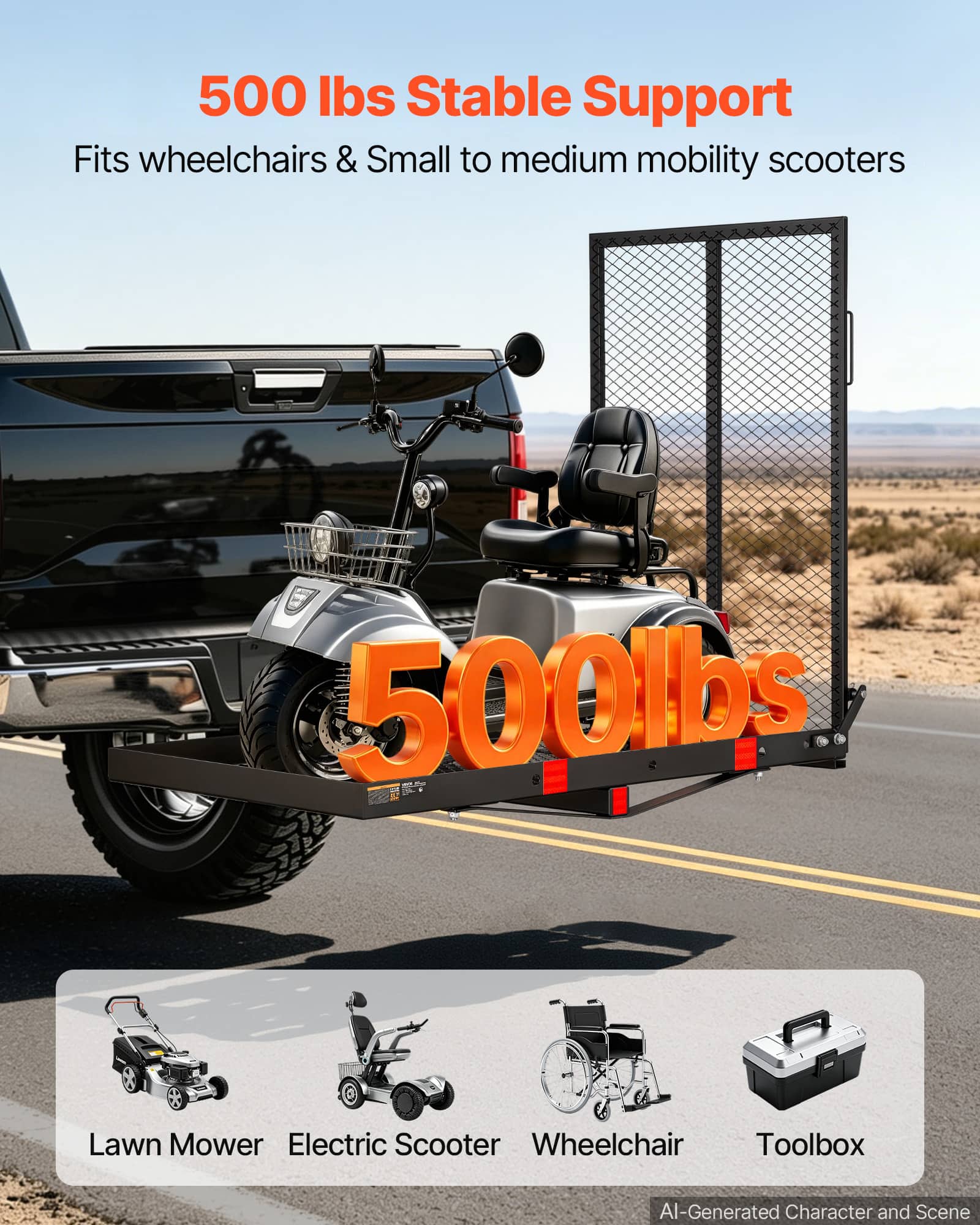 500 lbs Stable Support  
Fits wheelchairs & Small to medium mobility scooters  

500 lbs  

Lawn Mower  
Electric Scooter  
Wheelchair  
Toolbox  

AI-Generated Character and Scene