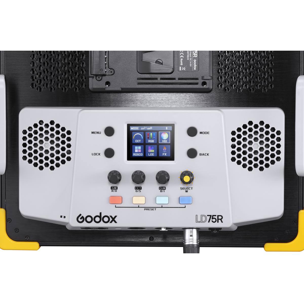 CE i 5R Godox MENU MOCE ca2! af I MODE LCT H HI LOCK HOUDU FX BACK GM H C4T S DIM H SELECT W Godox PRESET LD75R