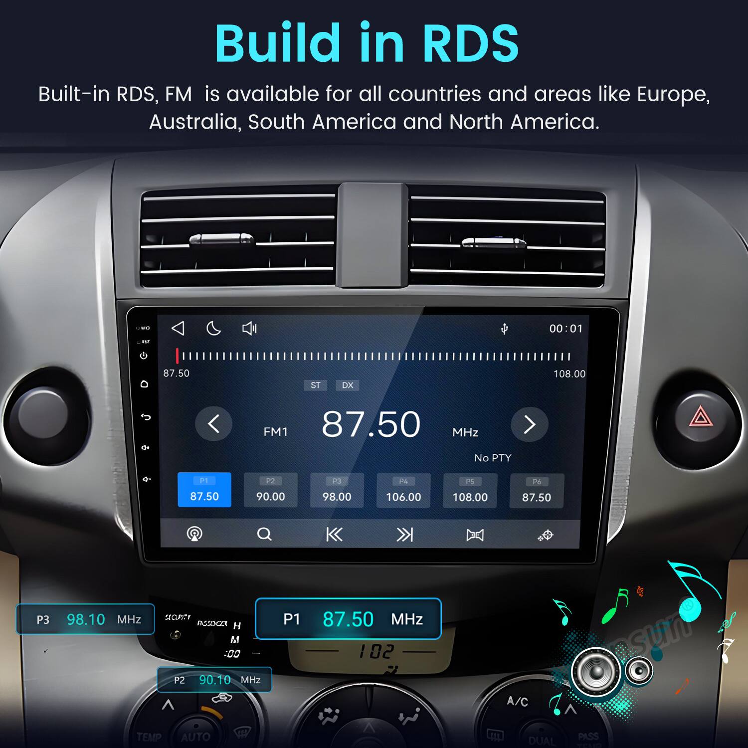 Build in RDS  
Built-in RDS, FM is available for all countries and areas like Europe, Australia, South America and North America.