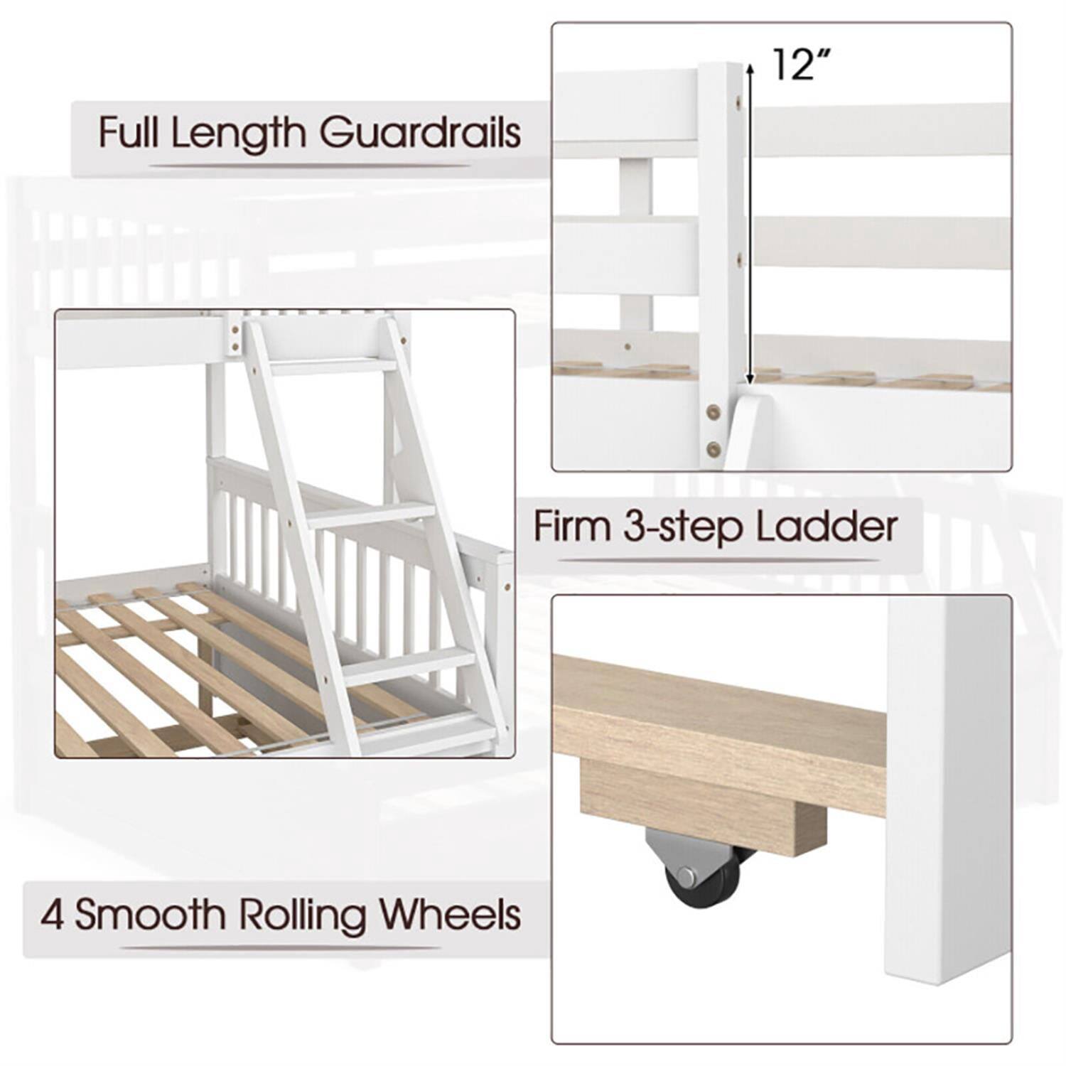 Full Length Guardrails  
12"  
Firm 3-step Ladder  
4 Smooth Rolling Wheels