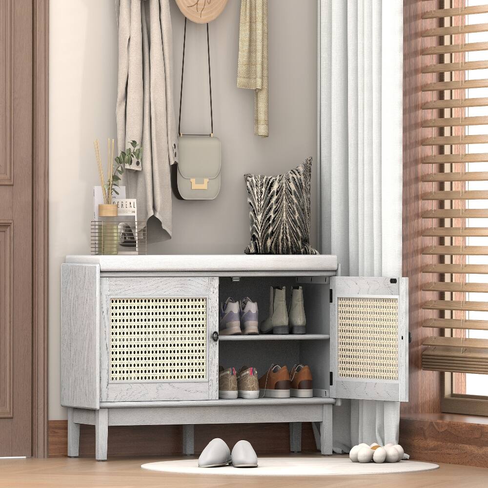 Angle. Ropilly - Ropilly Boho Rattan Entryway Bench Cushioned Shoe Storage Bench with Double Doors Wooden Hallway Organizer Gray Wash - Gray Wash.