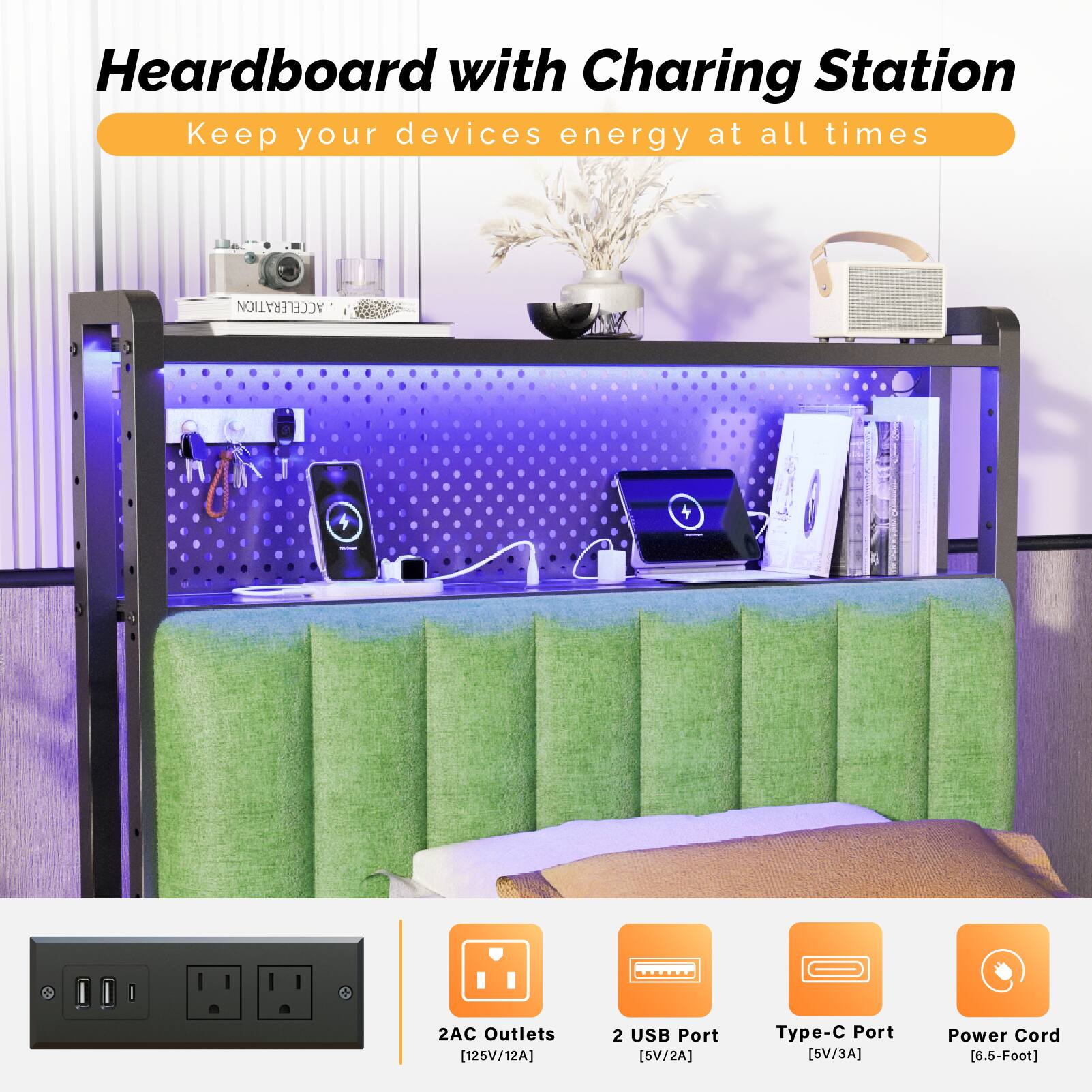 Heardboard with Charging Station  
Keep your devices energy at all times  

- 2AC Outlets [125V/12A]  
- 2 USB Port [5V/2A]  
- Type-C Port [5V/3A]  
- Power Cord [6.5-Foot]