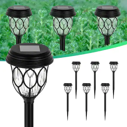 Front. Oumilen - 6-Pack Solar Leaf Pattern Stake Lights 16In Outdoor LED Landscape Path Lights Warm White.