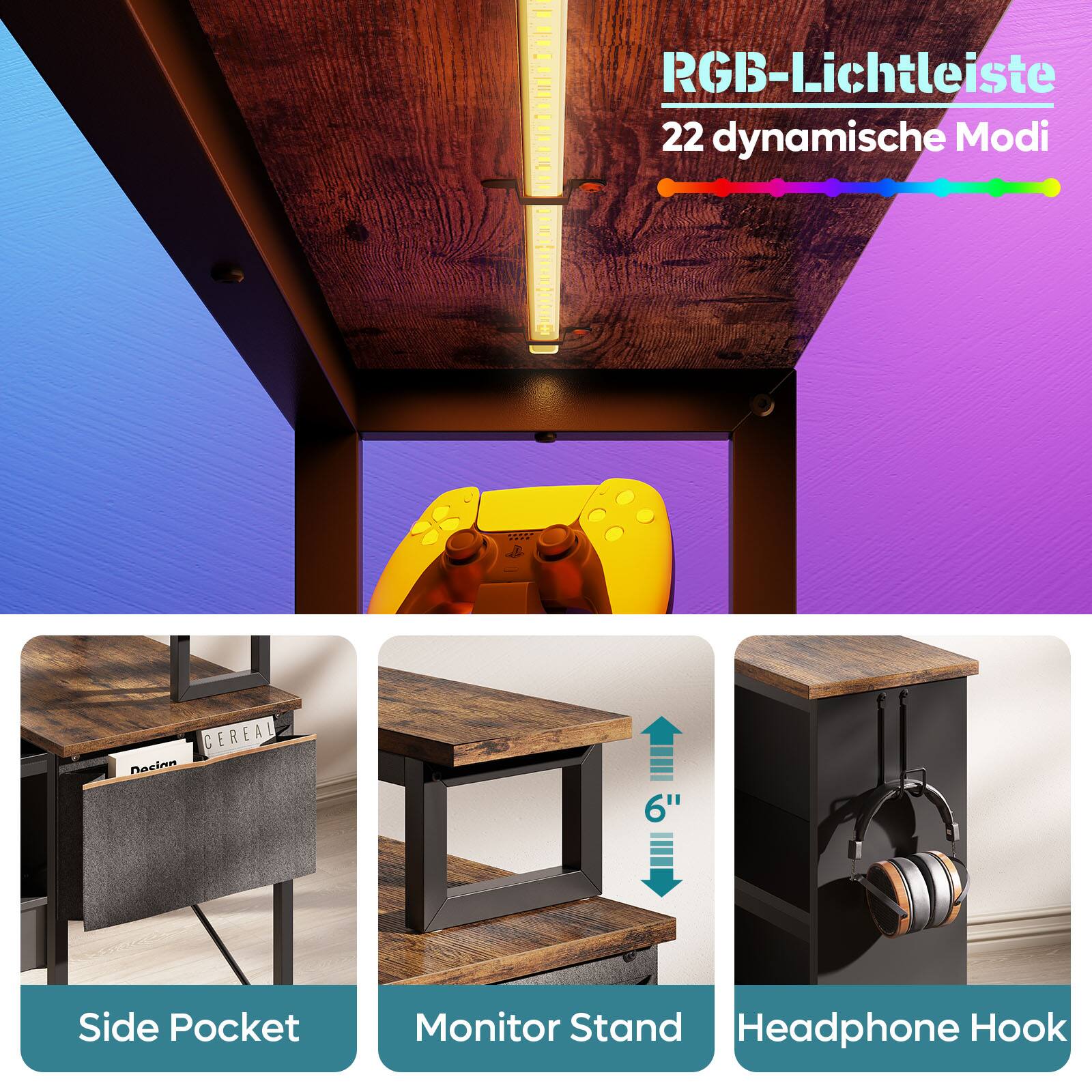 RGB-Lichtleiste 22 dynamische Modi CEREAL nasinn 6" Side Pocket Monitor Stand Headphone Hook