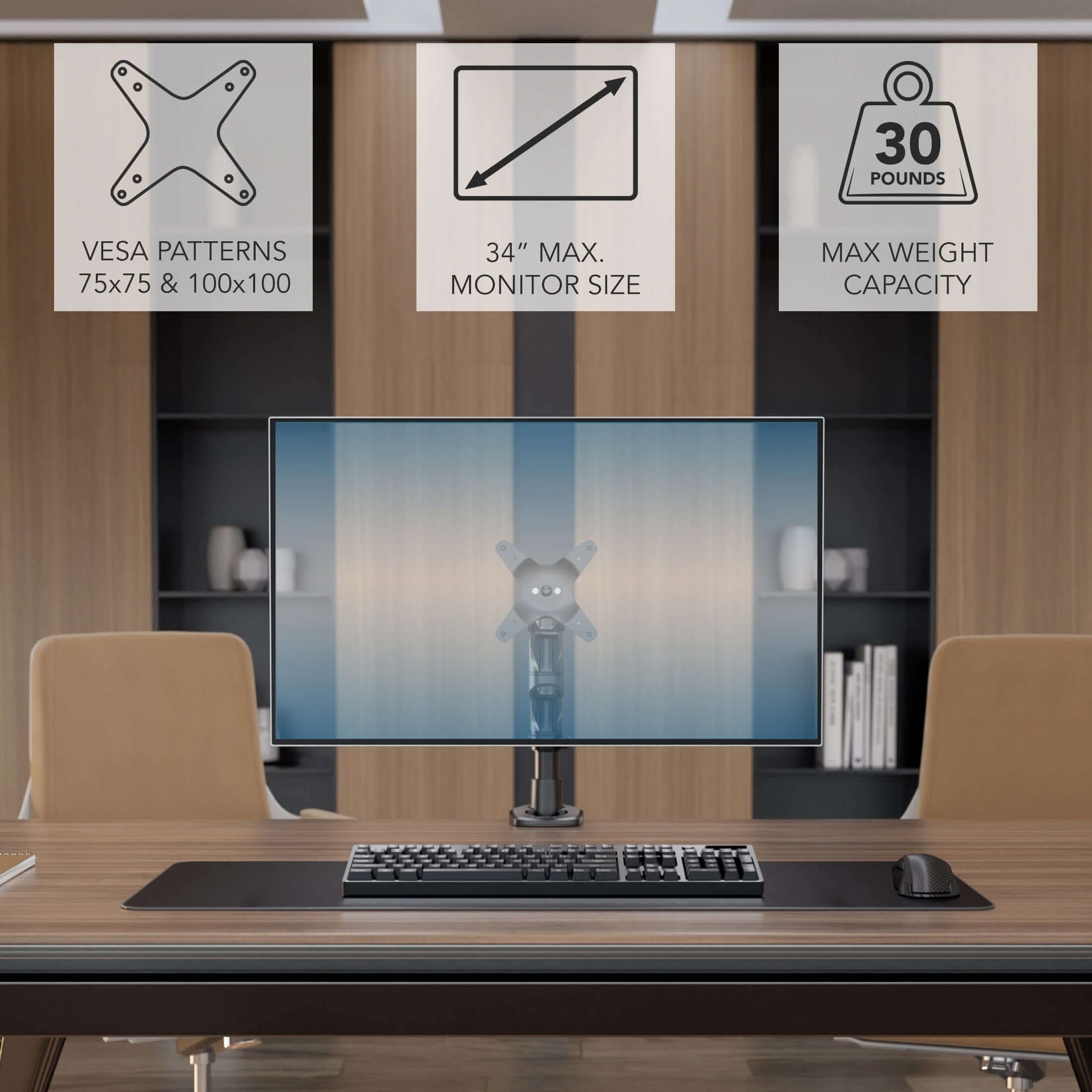 - VESA PATTERNS 75x75 & 100x100
- 34" MAX. MONITOR SIZE
- MAX WEIGHT CAPACITY 30 POUNDS