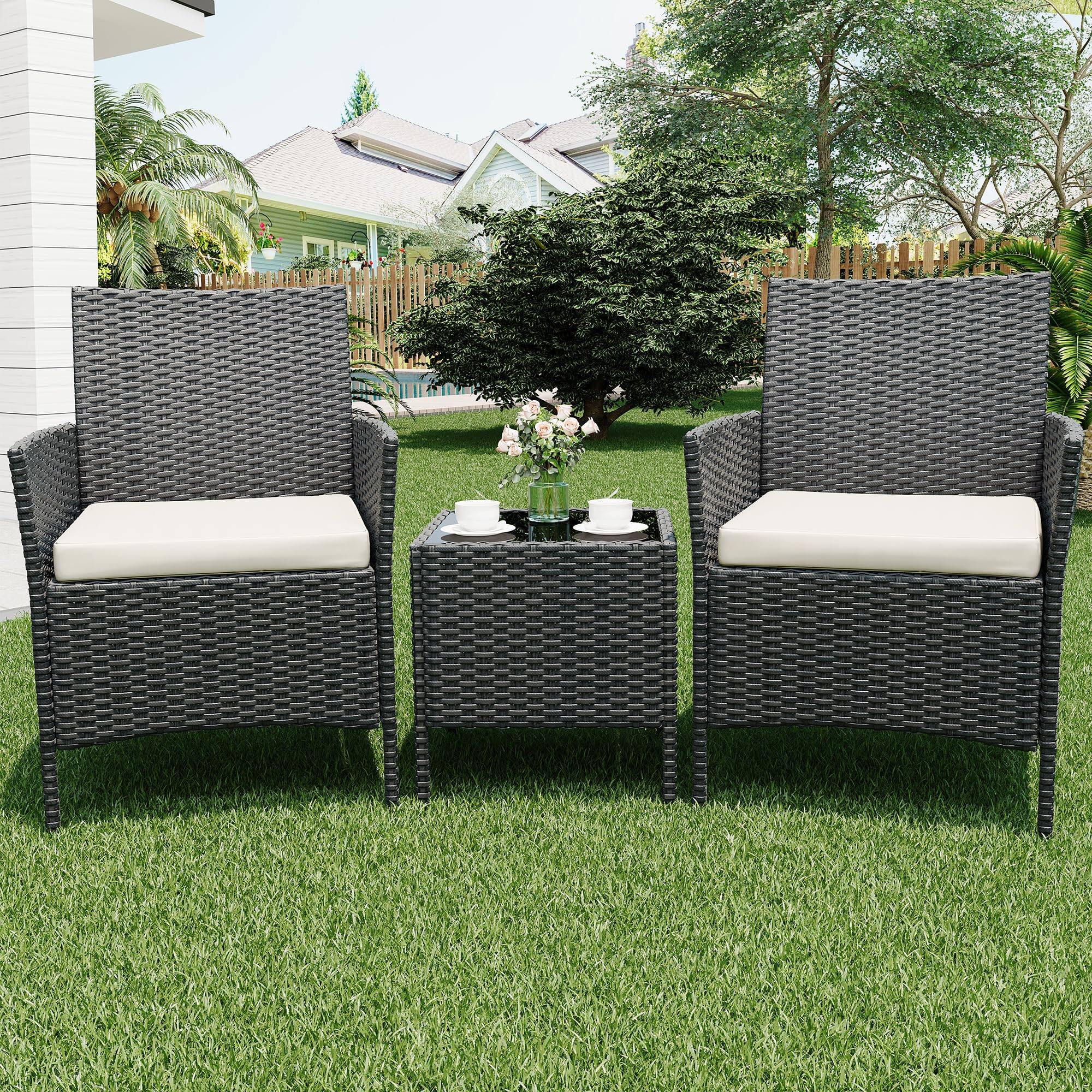 Alt View 4. Homhougo - 3 Pieces Outdoor Patio Furniture Sets, Rattan Patio Table and Chairs Set Black and Beige - Black.