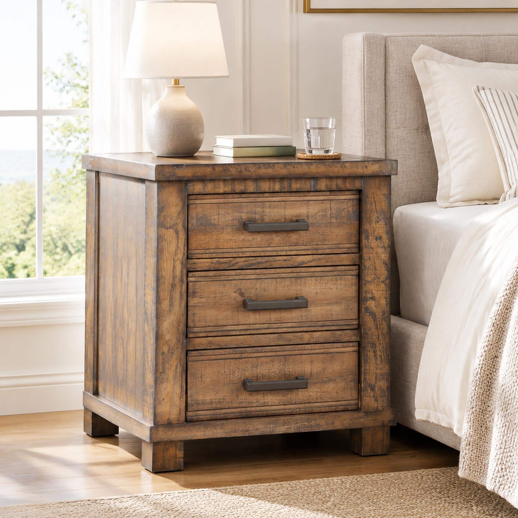RYHNUYNE - Rustic Reclaimed Pine Nightstand, 3 Drawer Farmhouse Bedside Table, 250 lbs Top Capacity, Bronze Iron Pulls - Natural