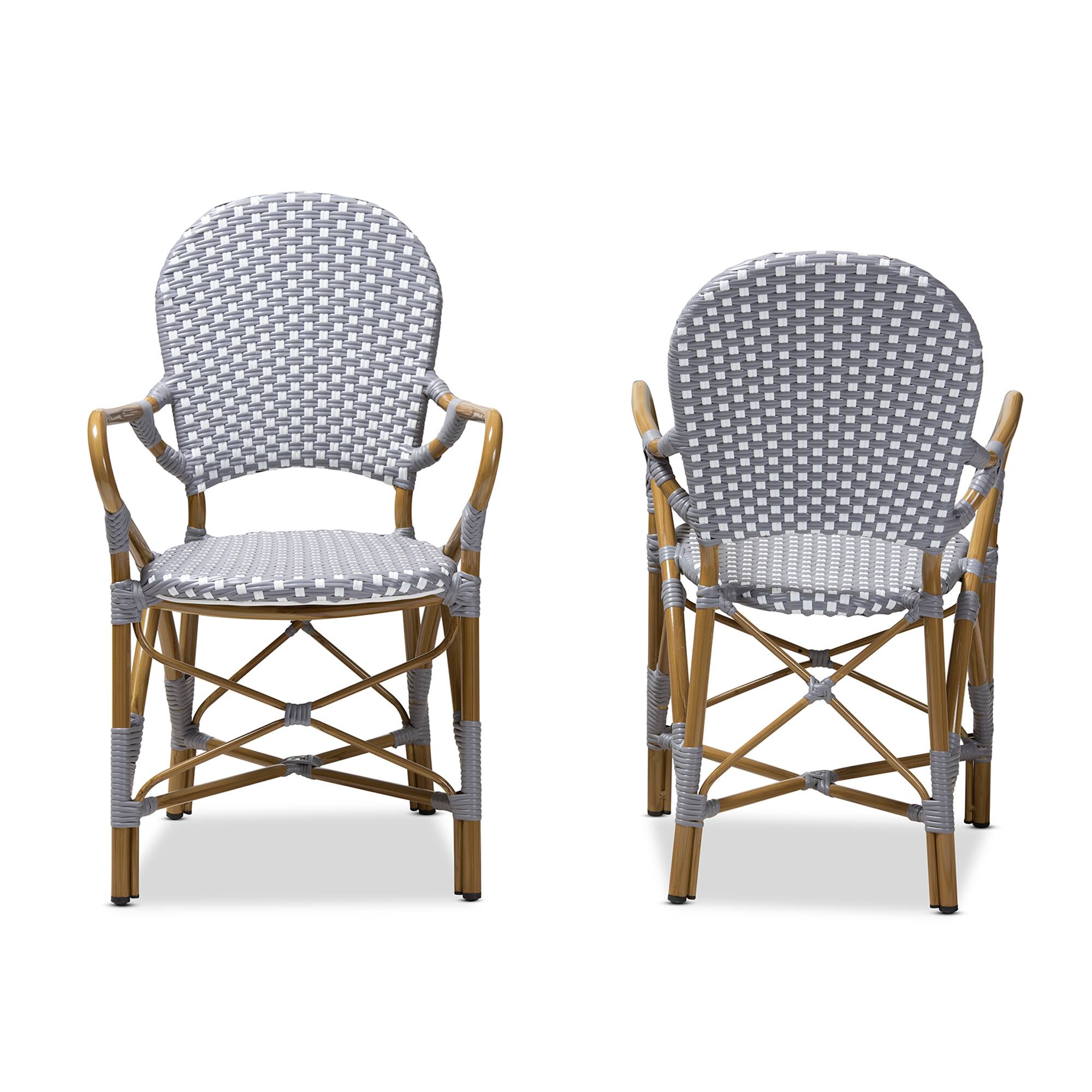 Angle. Baxton Studio - Set of 2 Seva Classic French Indoor and Outdoor and Red Bamboo Style Stackable Bistro Dining Chairs - Grey/White.