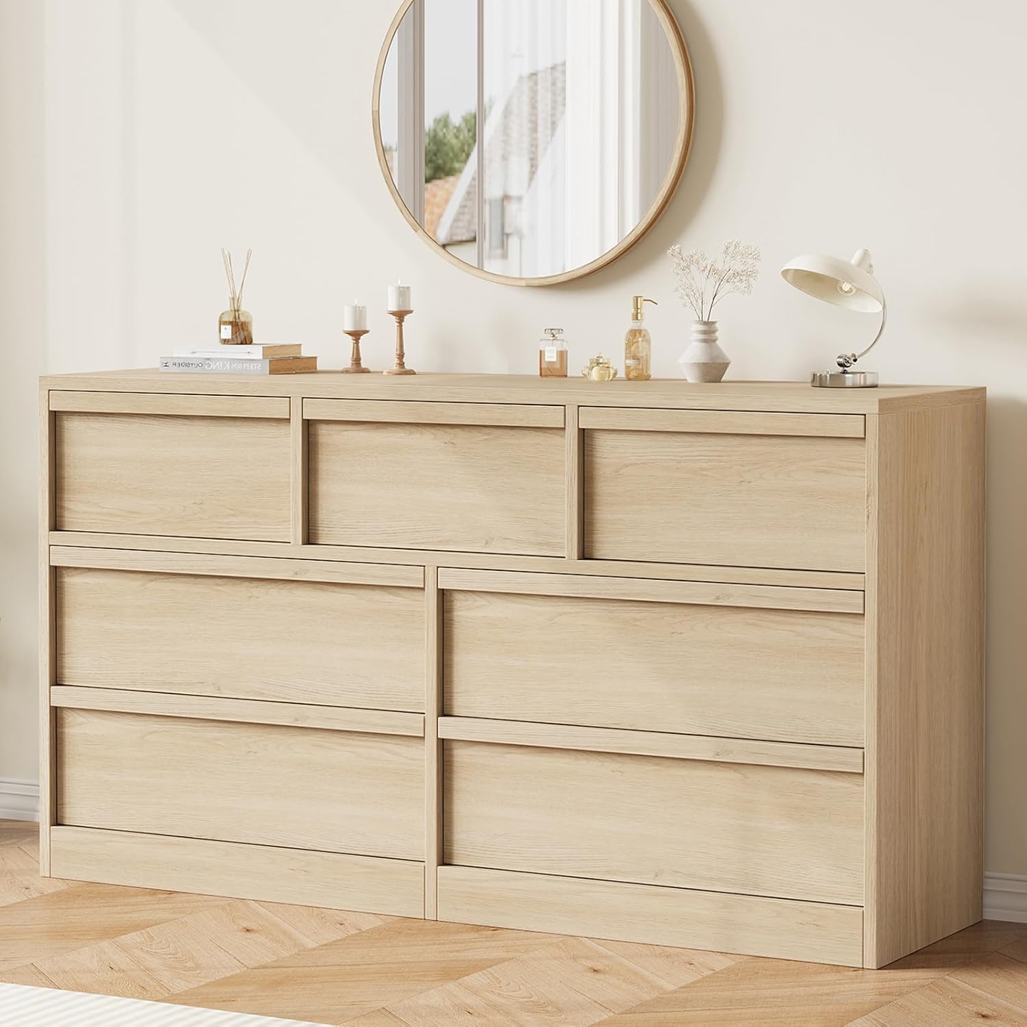 Front. GARVEE - 7 Drawer Dresser, Modern Wooden Double Dresser Organizer with Large Storage for Bedroom, Living Room, Natural - Natural.