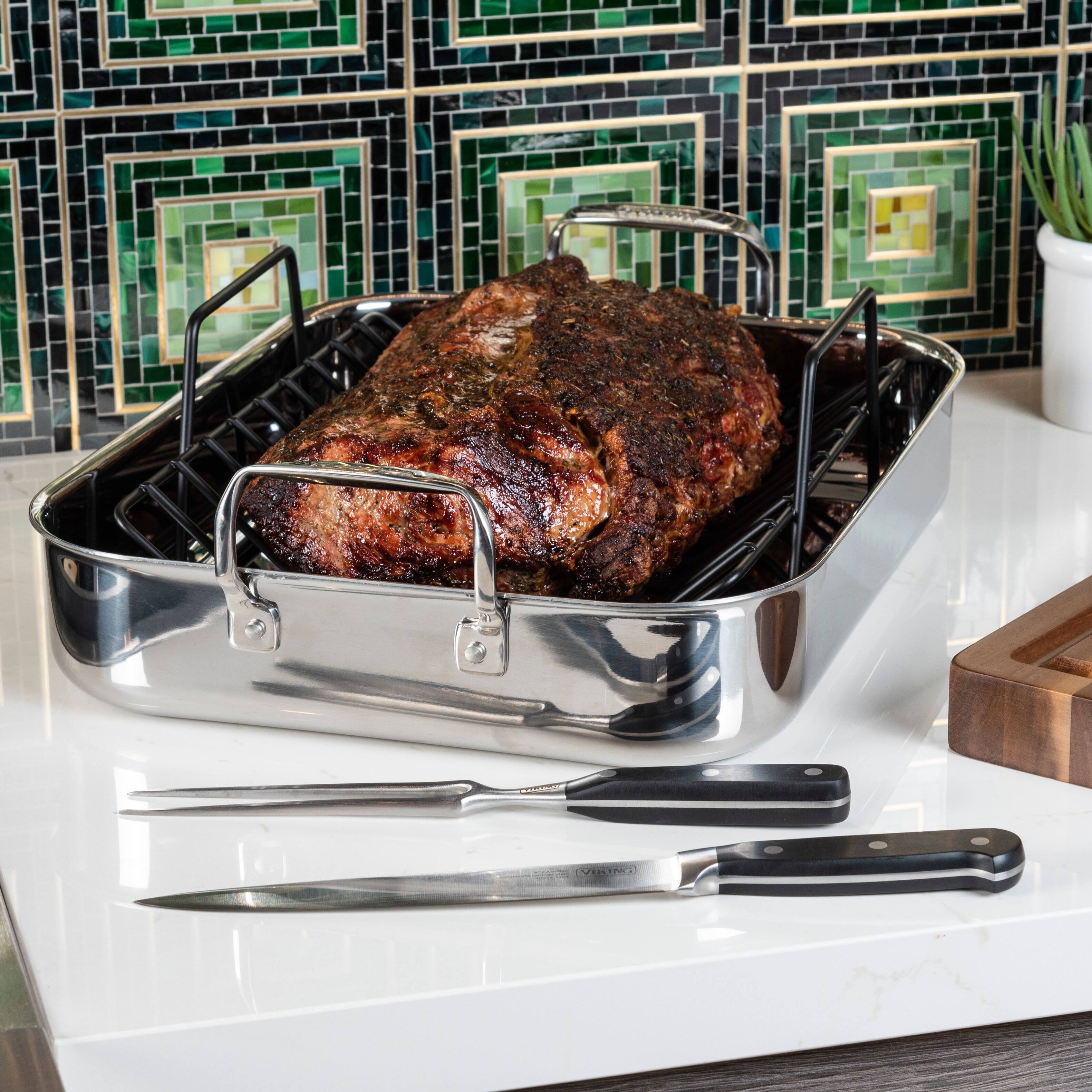 Alt View 11. Viking - 3-Ply Stainless Steel Roasting Pan with rack and Bonus Carving Set - Silver.