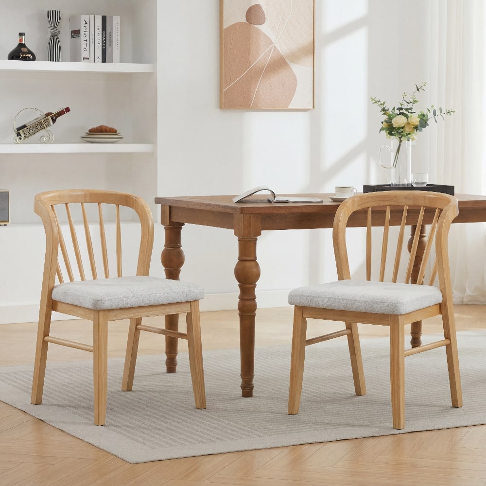 Loheer - Mid-Century Modern Rubber Wood Dining Chairs Set of 2, Natural Beige Upholstered Seat with Windsor Style Backrest - Natural+Beige price history on PriceWatchPro