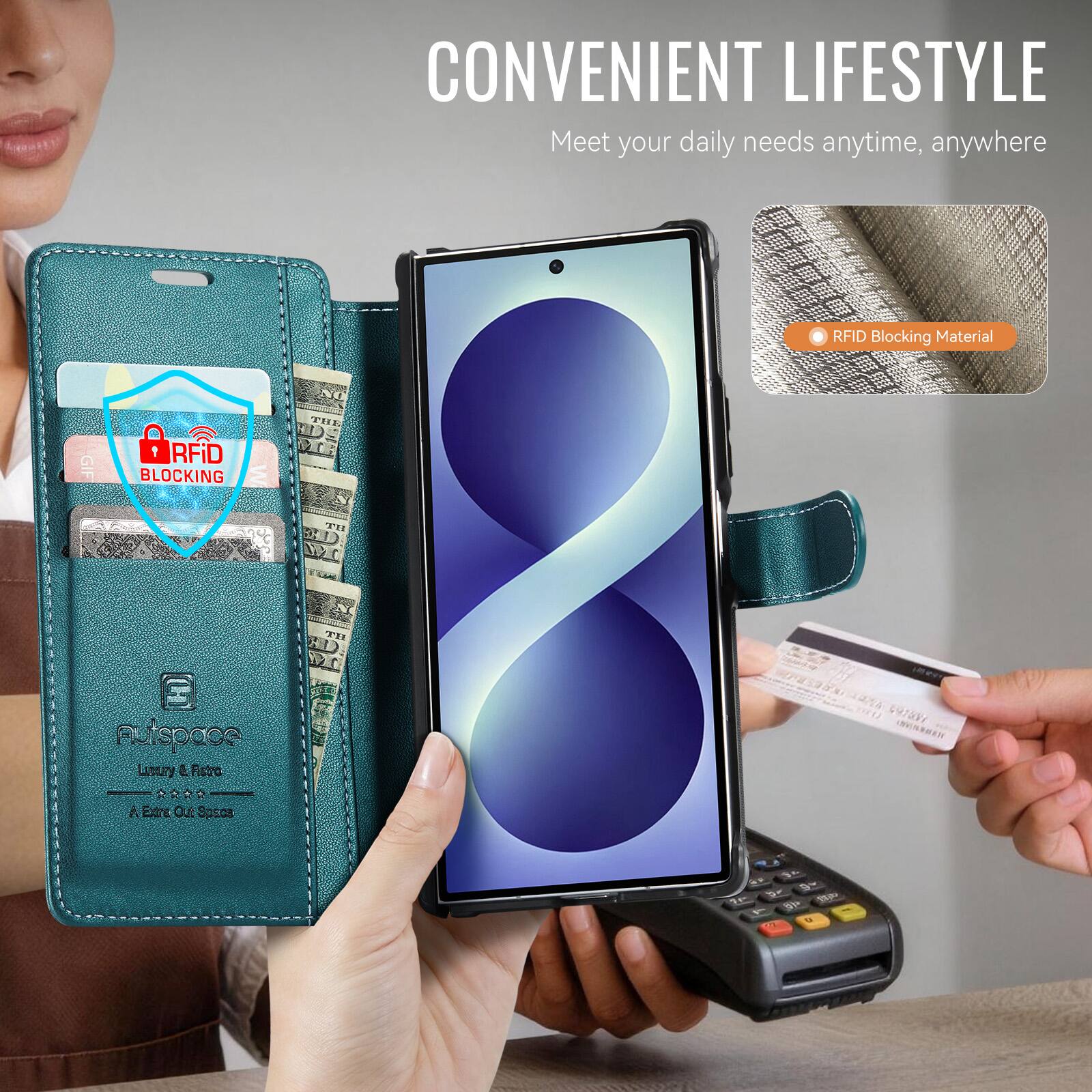 CONVENIENT LIFESTYLE  
Meet your daily needs anytime, anywhere

RFID Blocking Material

RFID BLOCKING

THE

TH

TH

Autospace Luxury Plotro

PRAT

AC 3100 Out Space

1 E