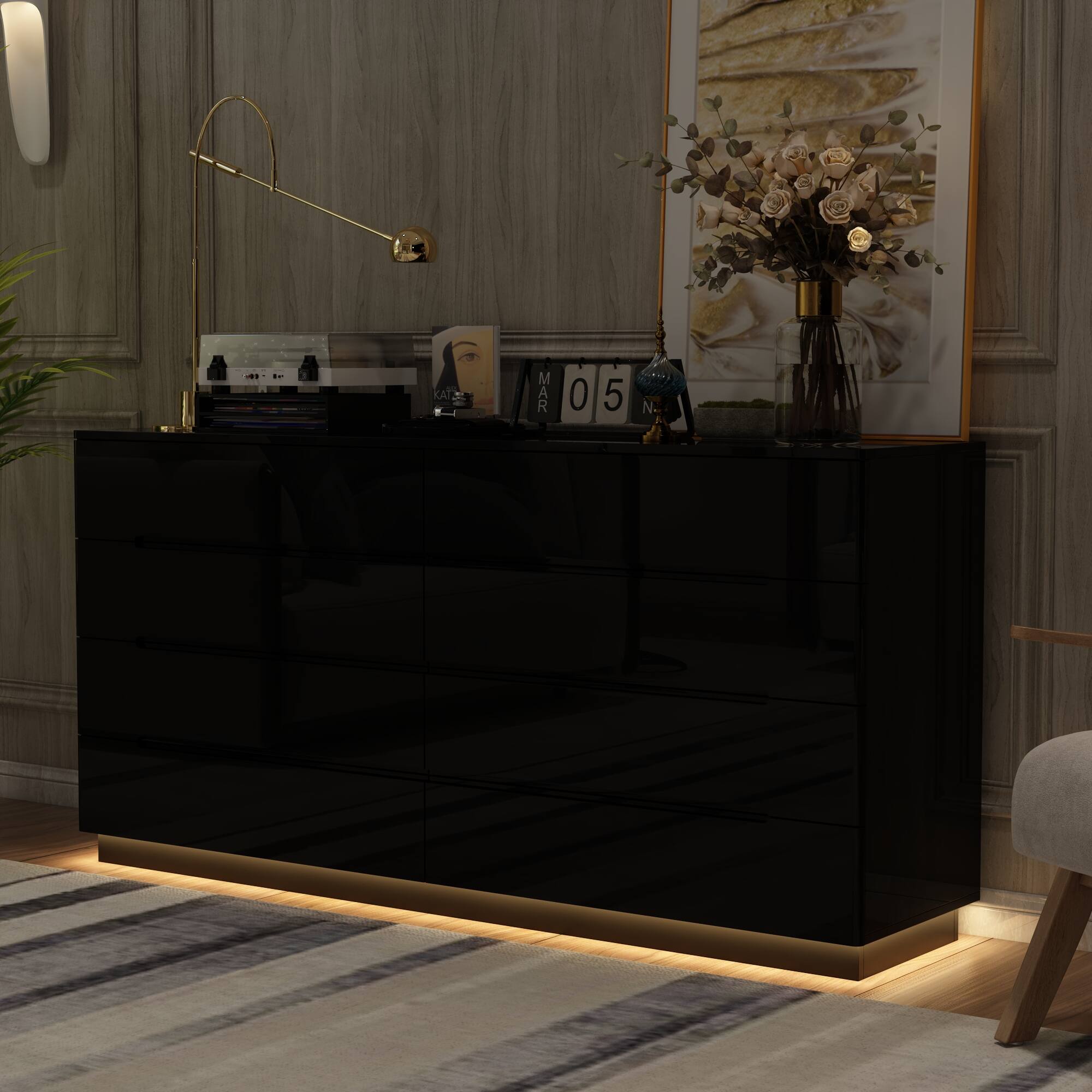 Alt View 7. FUFU & GAGA - FUFU&GAGA High - Gloss Dresser with LED Base Lighting Bedroom Elegance Redefined Chest of Drawers - Black.