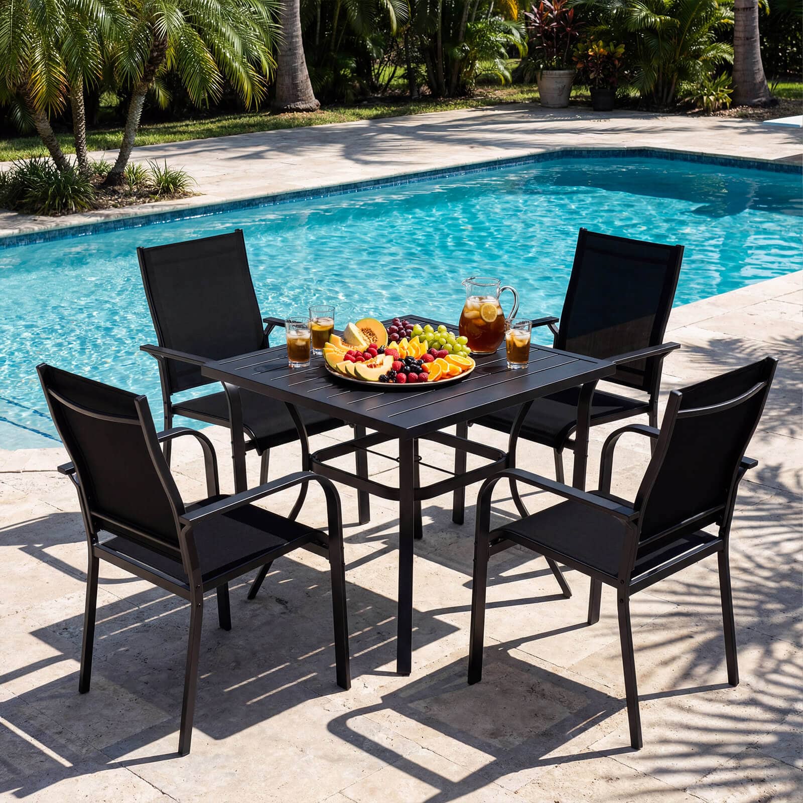 Costway - 5 PCS Patio Furniture Dining Set, Outdoor Square Table & Stackable Chairs with Umbrella Hole - Black