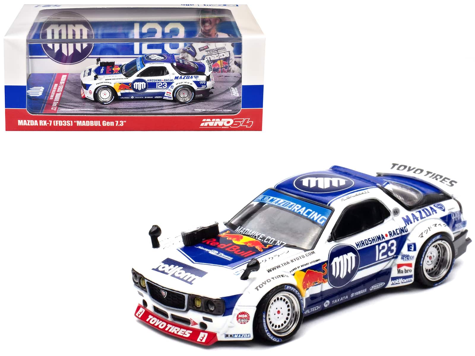 "Mazda RX-7 (FD3S) RHD #123 ""Pandem Rocket Bunny MADBUL Gen 7.3"" White & Blue w/Graphics 1/64 Model Car by Inno Models" price history on PriceWatchPro