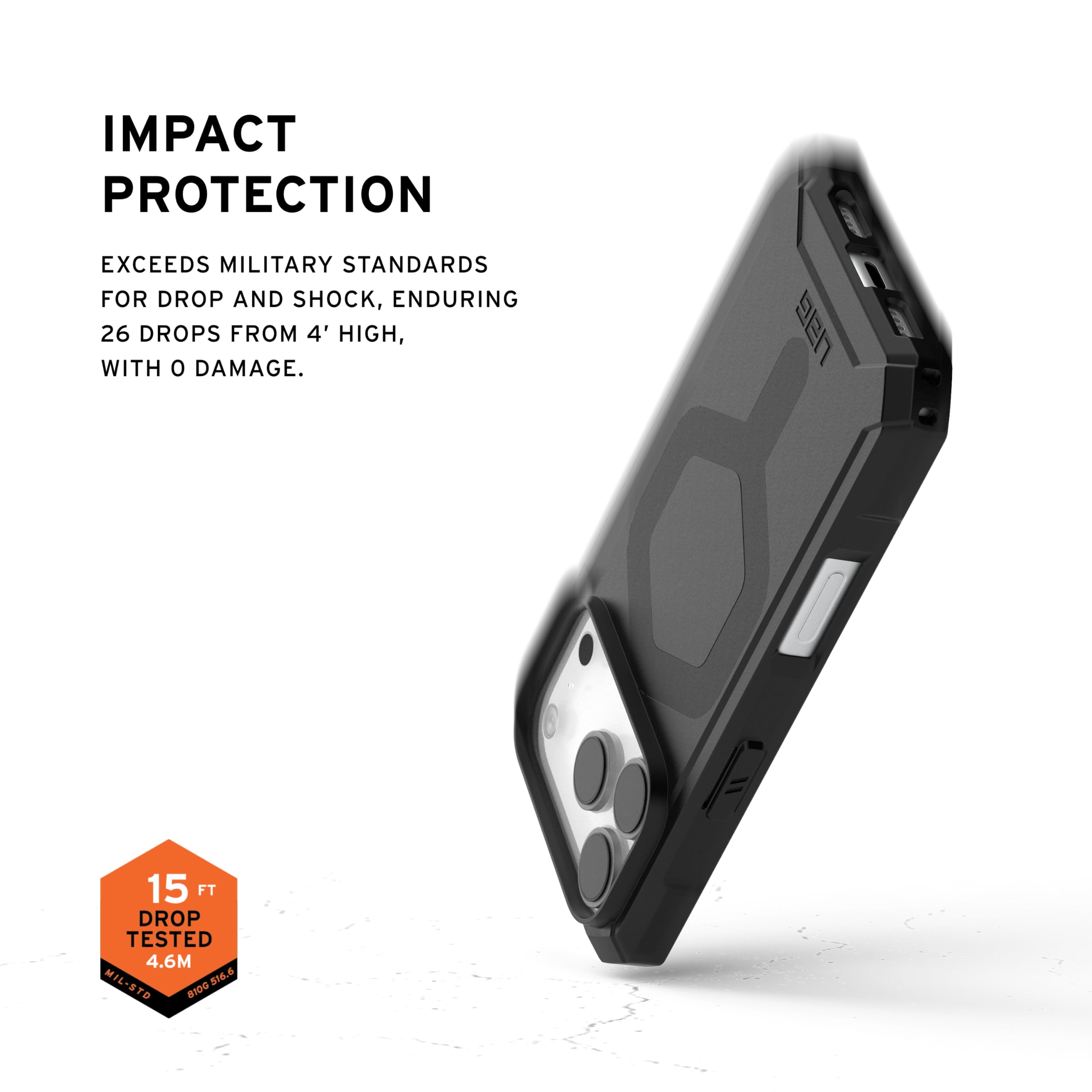 IMPACT PROTECTION

EXCEEDS MILITARY STANDARDS FOR DROP AND SHOCK, ENDURING 26 DROPS FROM 4' HIGH, WITH 0 DAMAGE.

15 FT DROP TESTED 4.6M - MIL-STD 810G