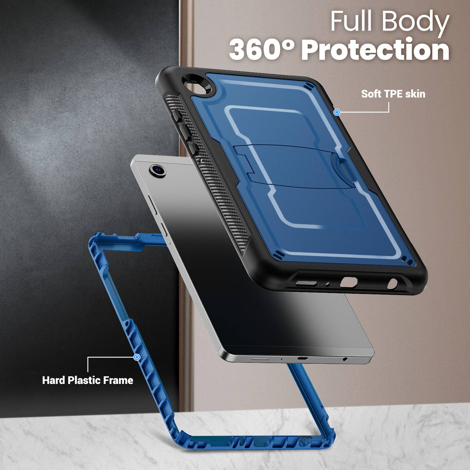 Full Body 360° Protection  
Soft TPE skin  
Hard Plastic Frame