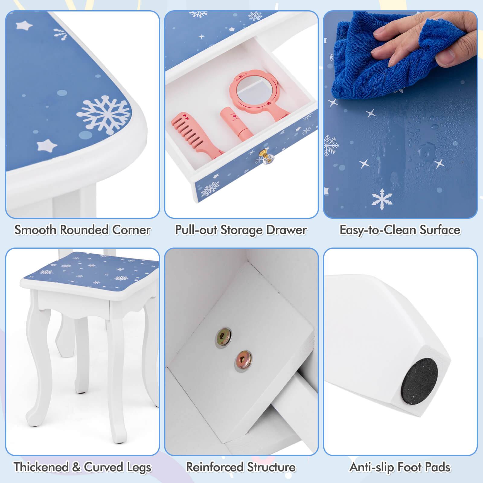 - Smooth Rounded Corner
- Pull-out Storage Drawer
- Easy-to-Clean Surface
- Thickened & Curved Legs
- Reinforced Structure
- Anti-slip Foot Pads