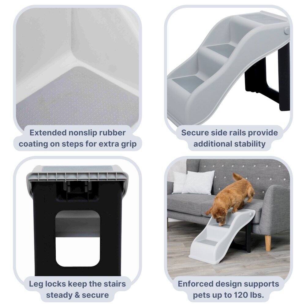 Extended nonslip rubber coating on steps for extra grip  
Secure side rails provide additional stability  
Leg locks keep the stairs steady & secure  
Enforced design supports pets up to 120 lbs.