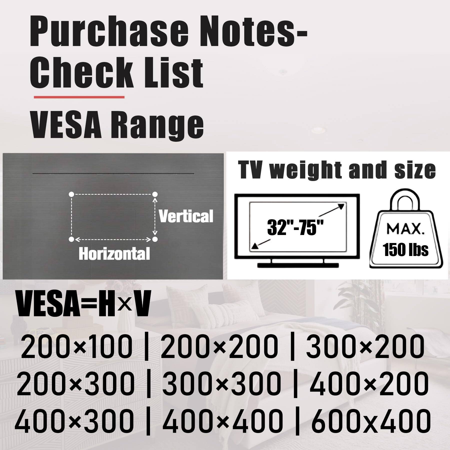 Purchase Notes-  
Check List  
VESAA Range  

TV weight and size  
32"-75"  
MAX. 150 lbs  

VESAA=HxV  
200x100 | 200x200 | 300x200  
200x300 | 300x300 | 400x200  
400x300 | 400x400 | 600x400