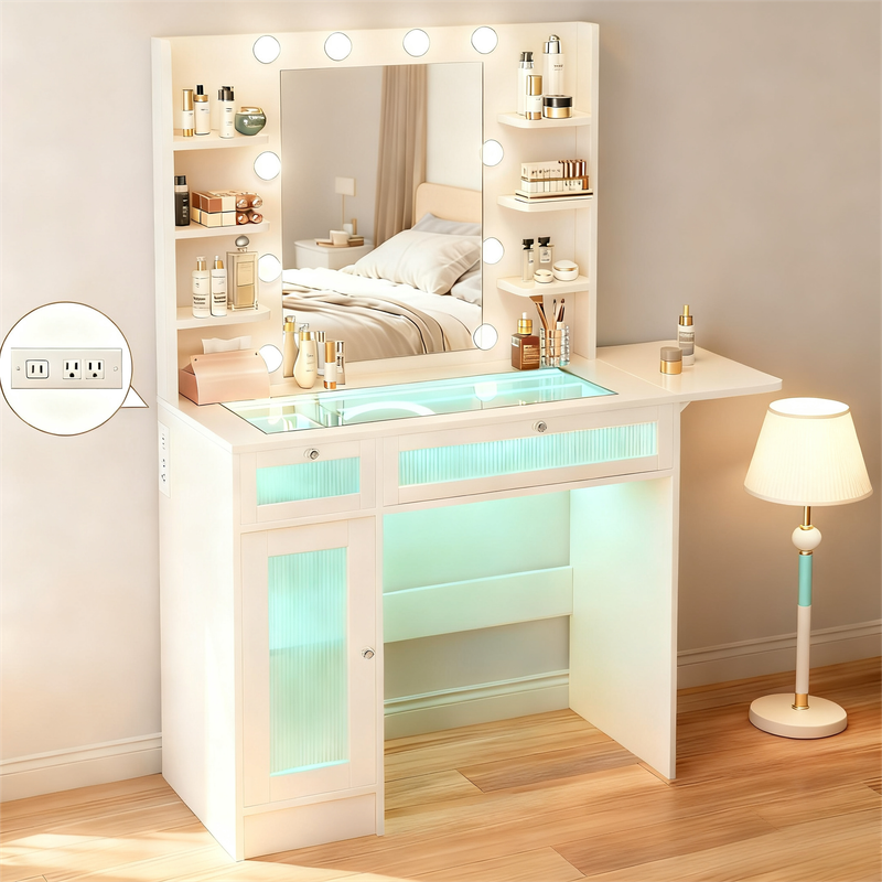 Dyonery - dressing table is equipped with a mirror and a desk lamp, and comes with a USB charging port - White