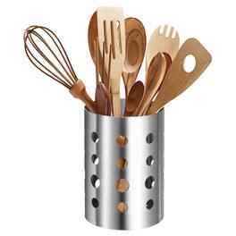 Unique Bargains - Kitchen Utensil Holder, 3.9"x5.5" Round Stainless Steel with Drain Hole for Straw Spoon Chopstick - Silver