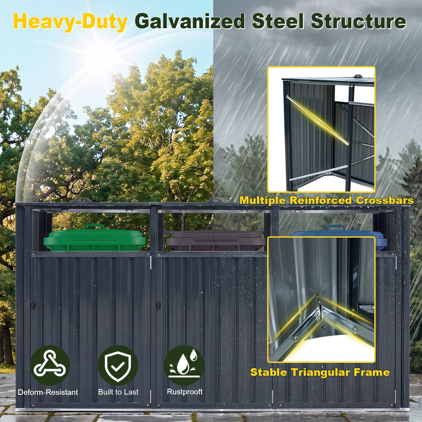 Heavy-Duty Galvanized Steel Structure  
Multiple Reinforced Crossbars  
Stable Triangular Frame  
Deform-Resistant  
Built to Last  
Rustproof