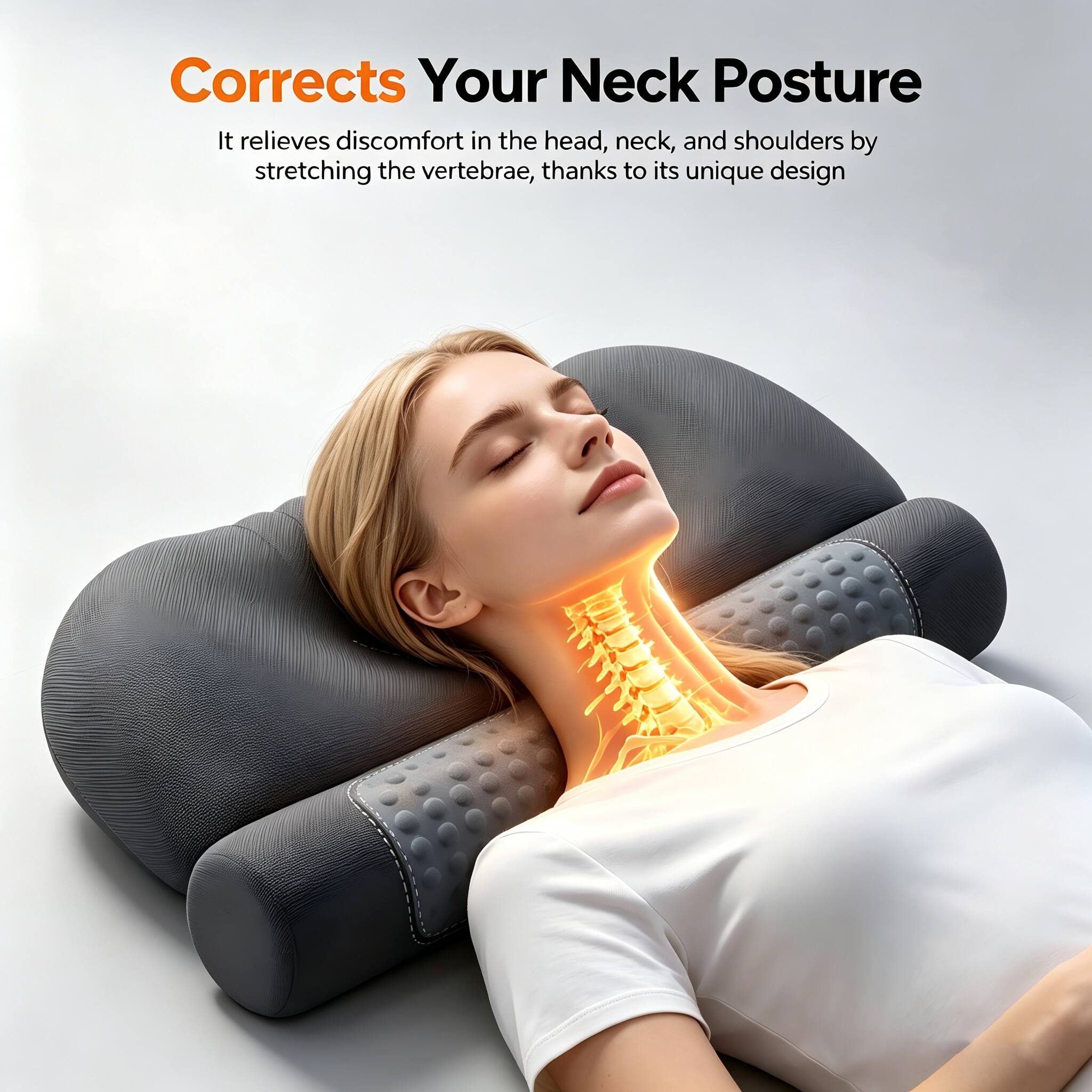 Corrects Your Neck Posture

It relieves discomfort in the head, neck, and shoulders by stretching the vertebrae, thanks to its unique design.