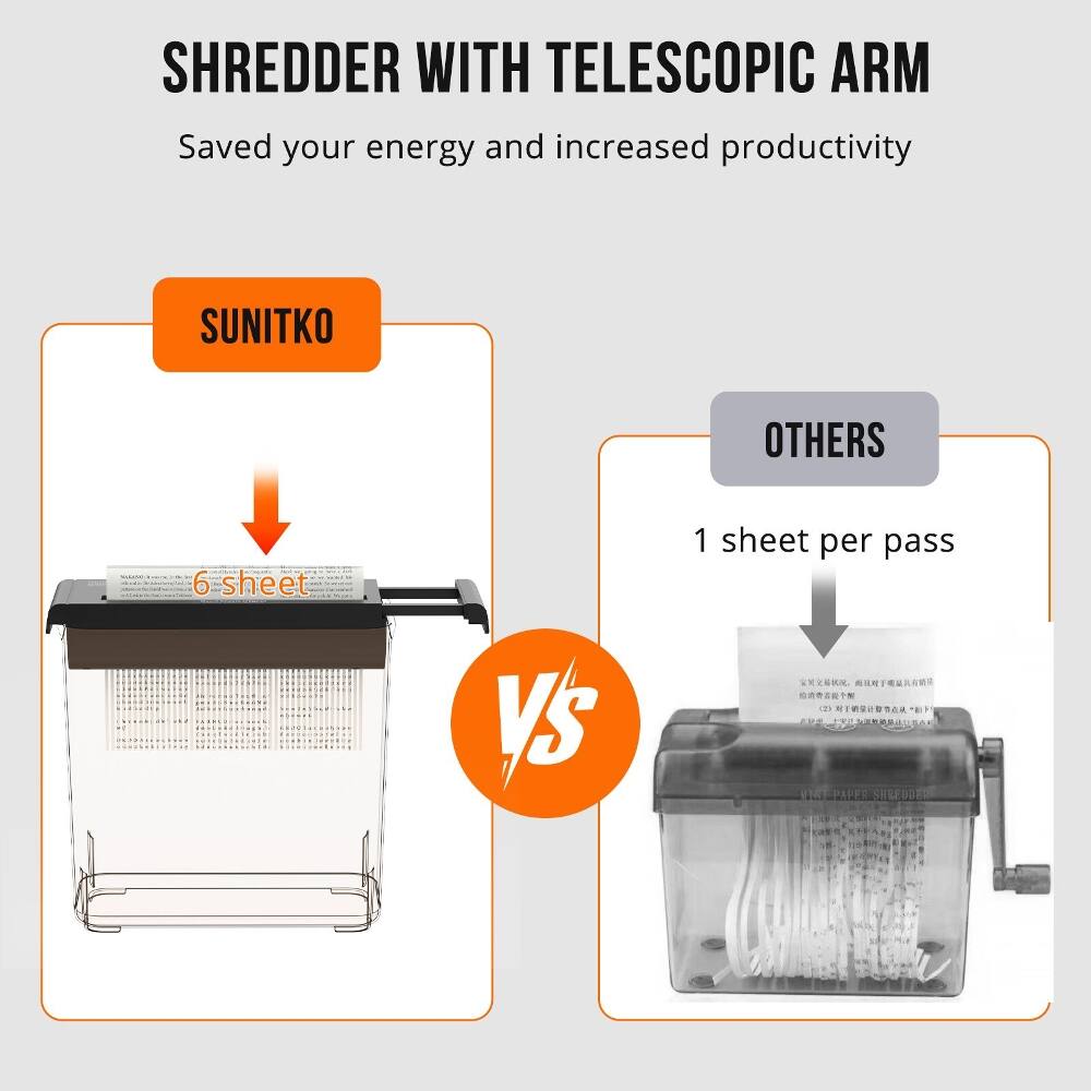 SHREDDER WITH TELESCOPIC ARM  
Saved your energy and increased productivity  

SUNITKO  
6-sheet  

VS  

OTHERS  
1 sheet per pass