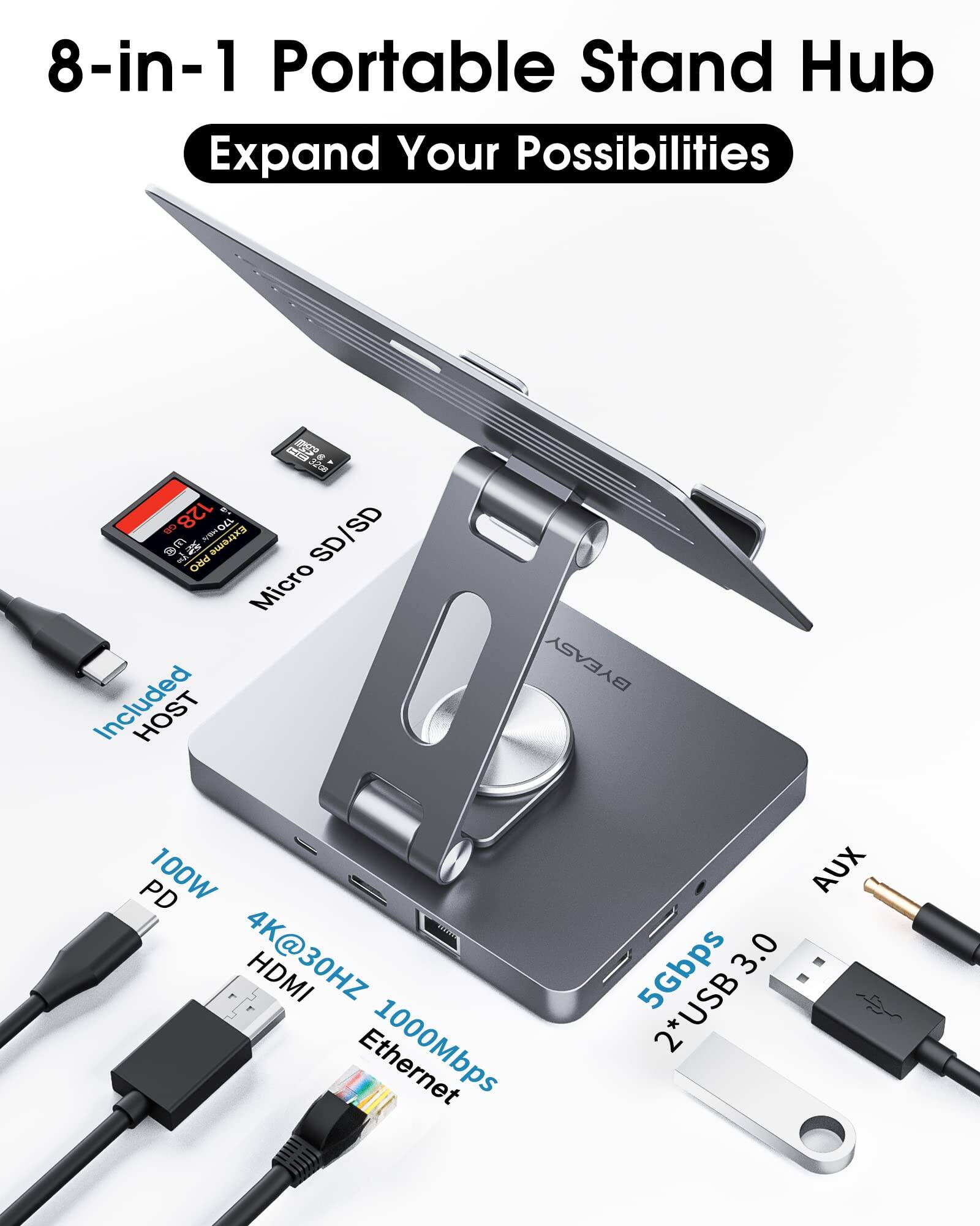 8-in-1 Portable Stand Hub  
Expand Your Possibilities  

- Micro SD/SD  
- Included HOST  
- 100W PD  
- 4K@30HZ HDMI  
- 1000Mbps Ethernet  
- 5Gbps  
- 2*USB 3.0  
- AUX