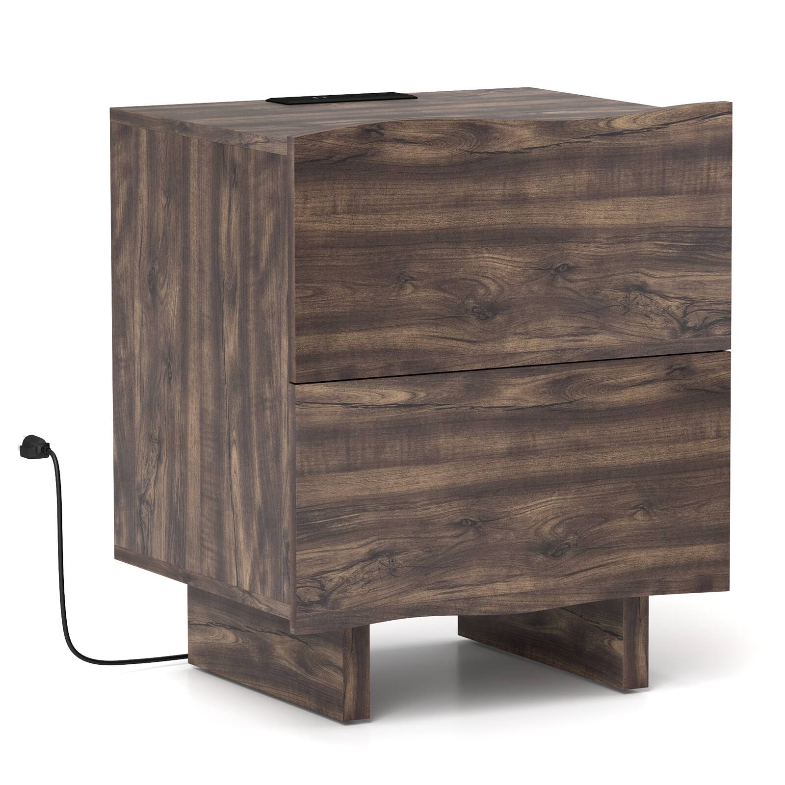 Angle. Bestier - Wave Side Table with Drawer & Charging Station, AC Outlet, USB & Type-C Ports for Bedroom or Living Room - brown.