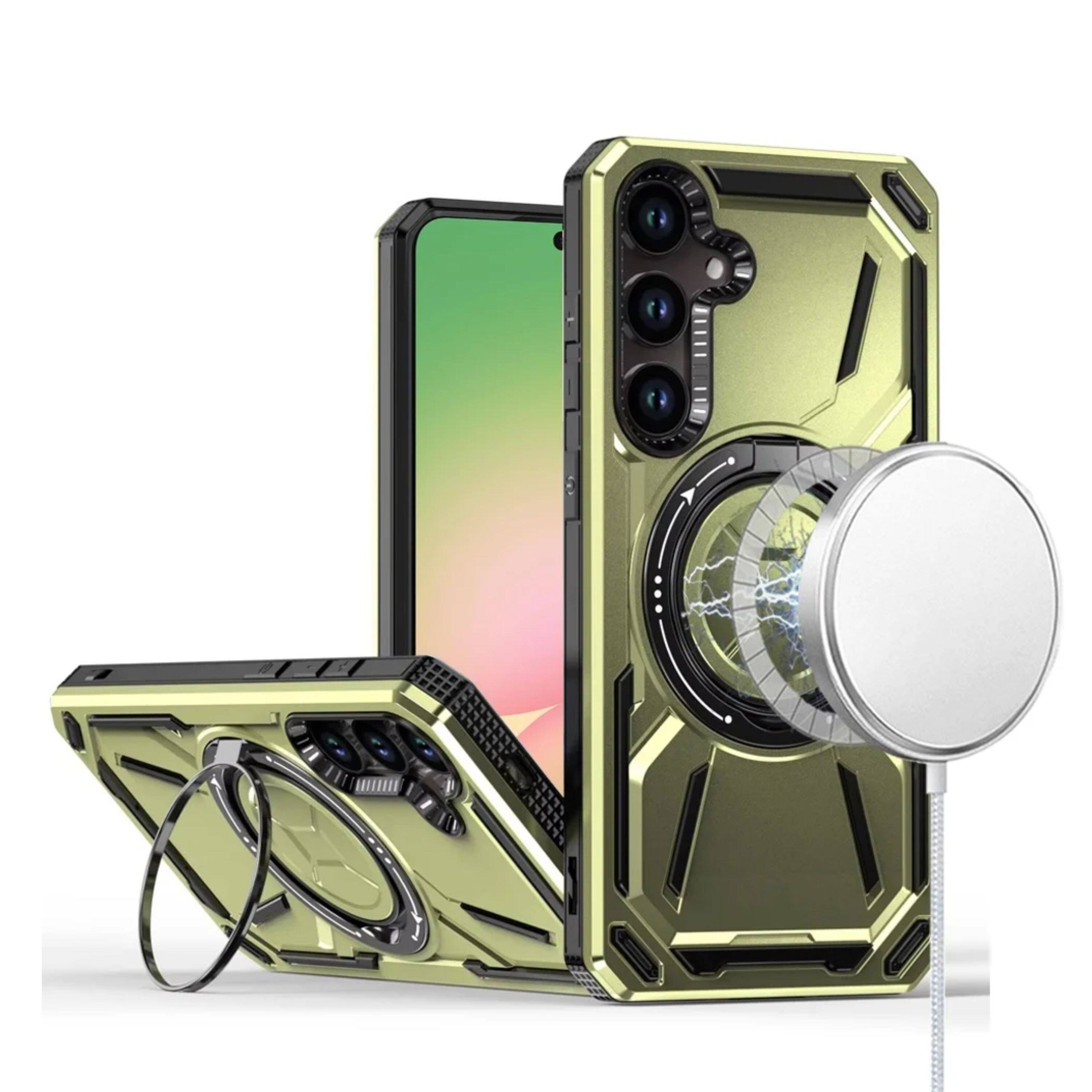 Angle. Kitcheniva - Shockproof Magnetic Circle Metal Stand Rotating Phone Case With Tempered Glass For Samsung Galaxy A57 5G Midnight Green - Midnight Green.