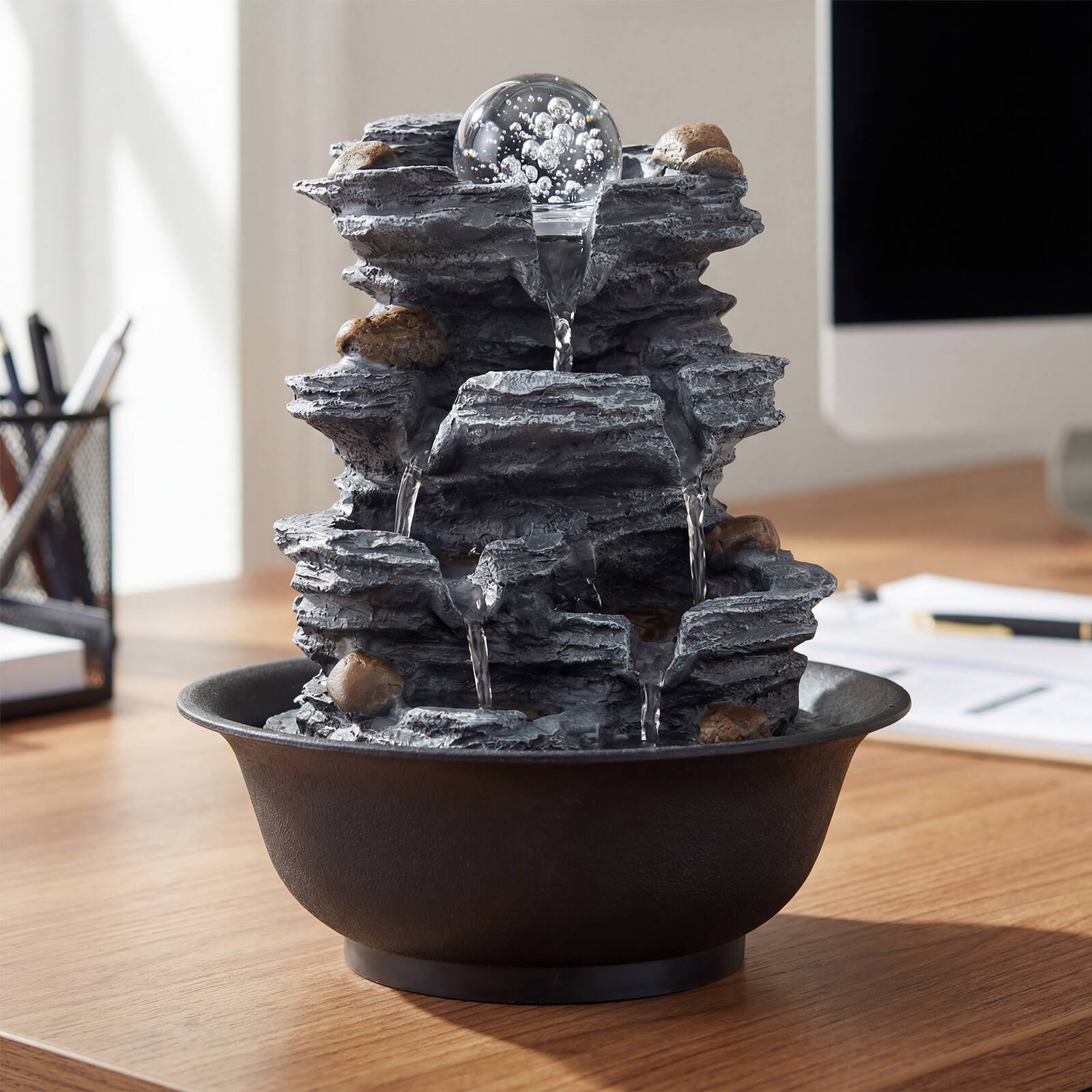 Alt View 5. Gymax - Gymax Tabletop Water Fountain w/Rolling Crystal Ball Color-Changing LED Light Pump - Black.