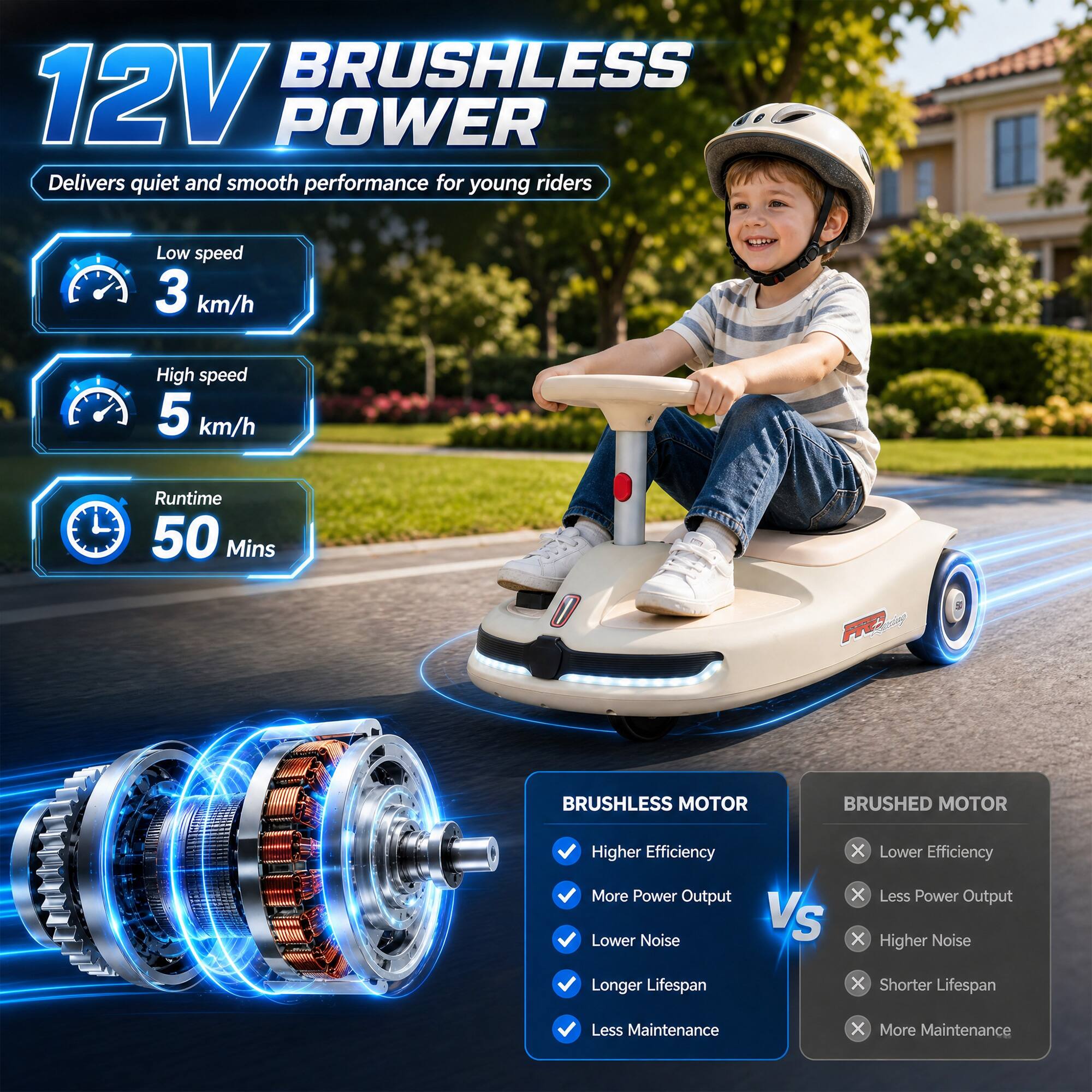 12V BRUSHLESS POWER  
Delivers quiet and smooth performance for young riders

Low speed 3 km/h  
High speed 5 km/h  
Runtime 50 Mins

BRUSHLESS MOTOR  
- Higher Efficiency  
- More Power Output  
- Lower Noise  
- Longer Lifespan  
- Less Maintenance

VS

BRUSHED MOTOR  
- Lower Efficiency  
- Less Power Output  
- Higher Noise  
- Shorter Lifespan  
- More Maintenance