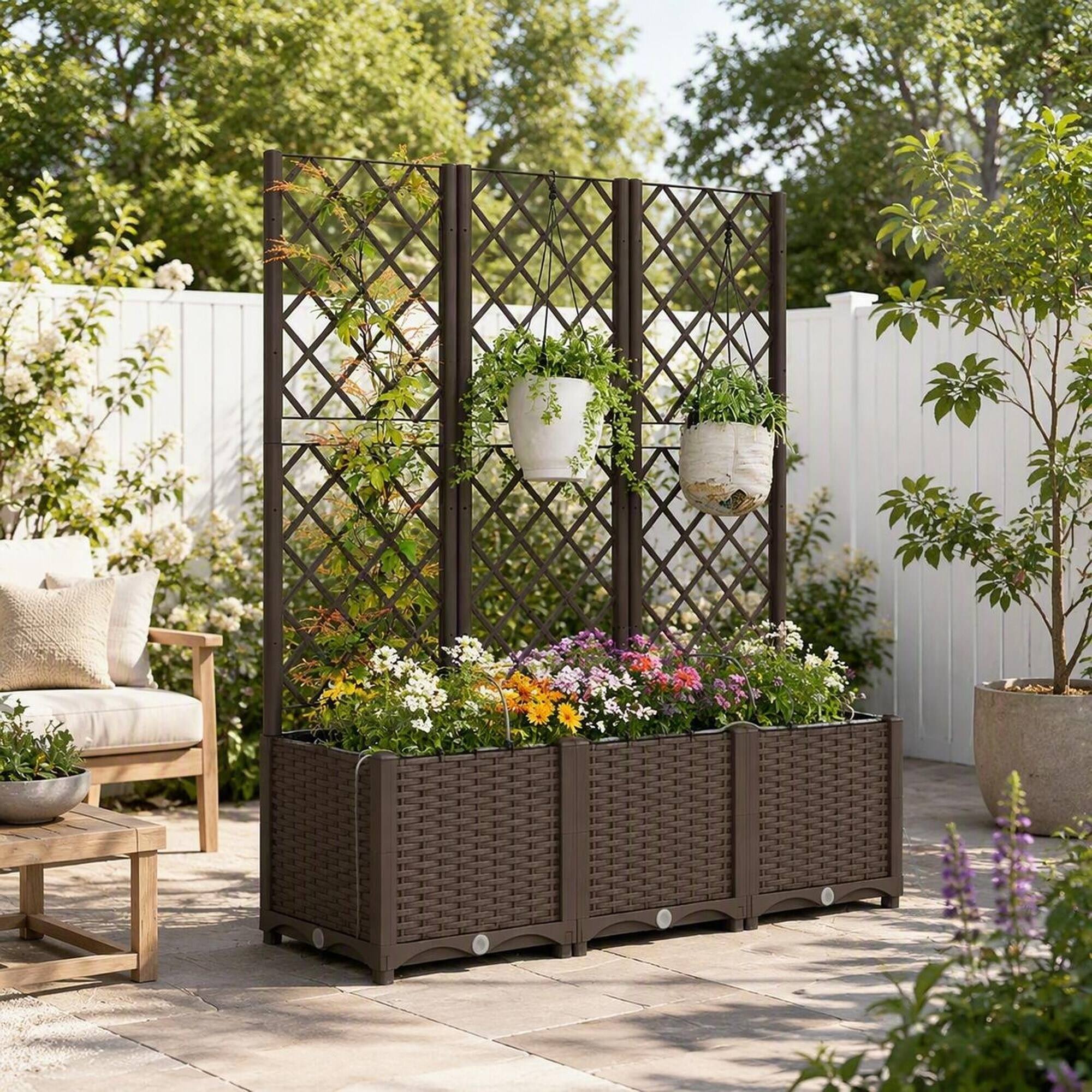 Back. RYHNUYNE - Self-Watering Raised Garden Bed with Trellis, 3-Tier Modular Planter Box in Brown PP, 47.2x15.7x53.5 Inches - Brown.