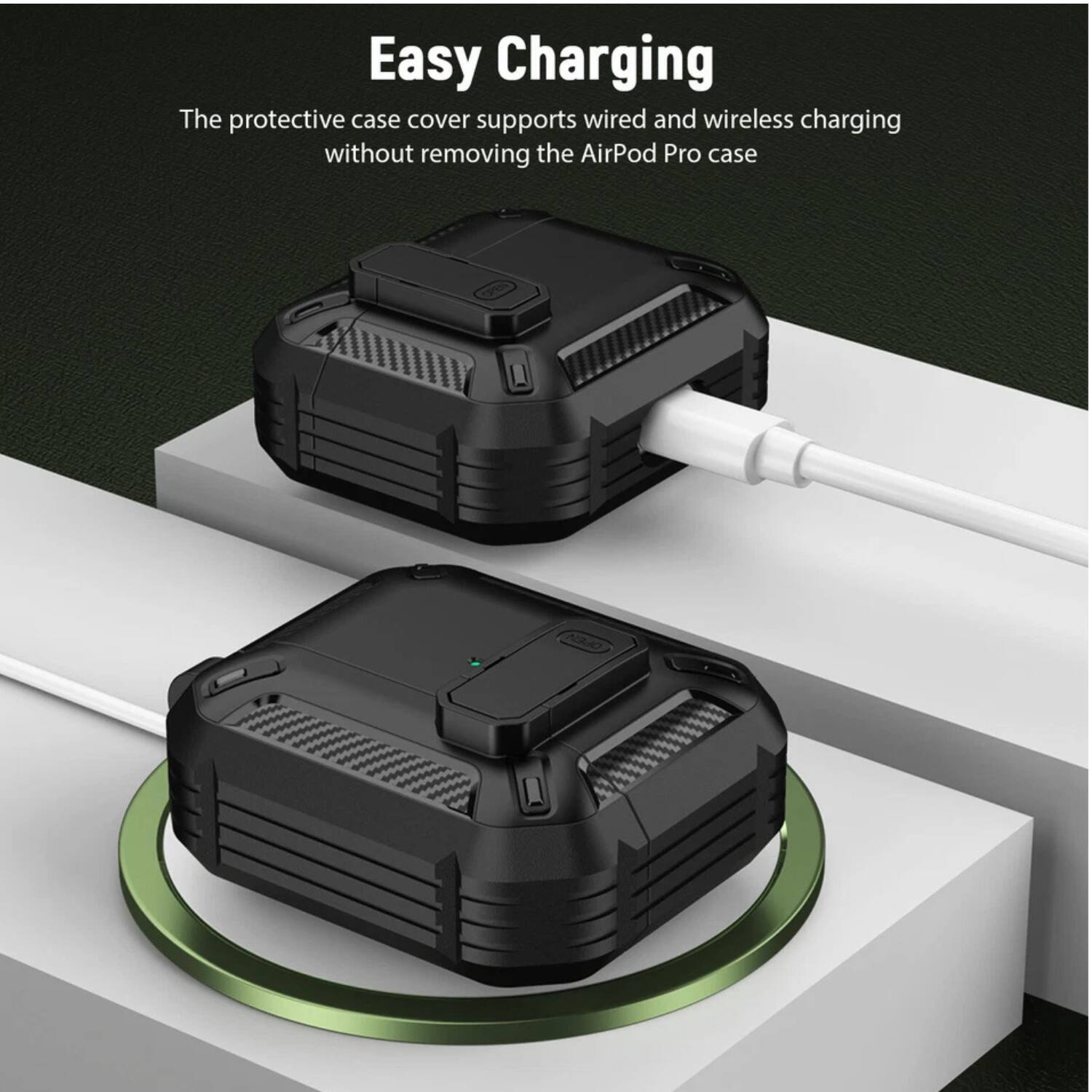 Easy Charging

The protective case cover supports wired and wireless charging without removing the AirPod Pro case