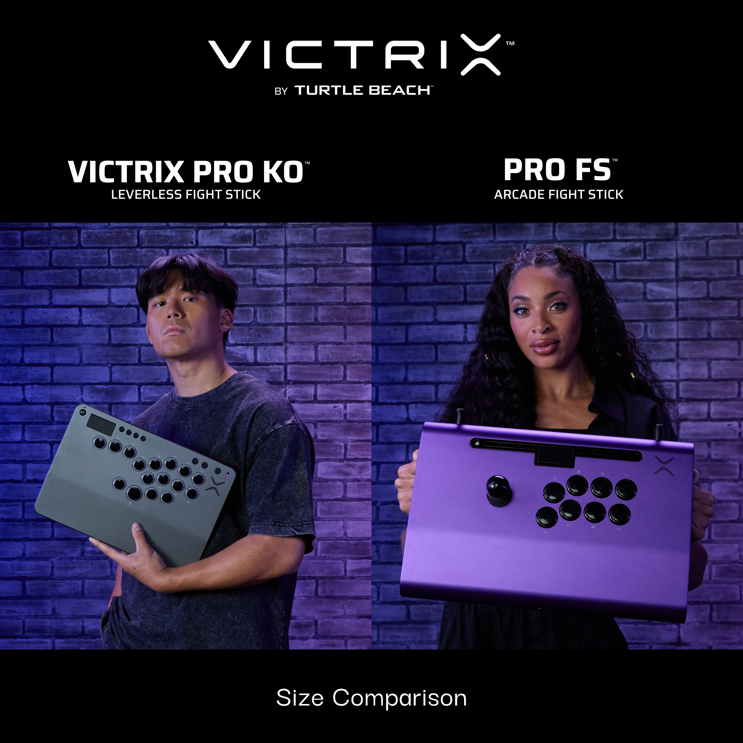 The image features a man and a woman holding up different sized video game controllers, specifically arcade fight sticks, for a size comparison. The man is holding a smaller controller, while the woman is holding a larger one. The controllers are being used to demonstrate the differences in size and design between the two devices.