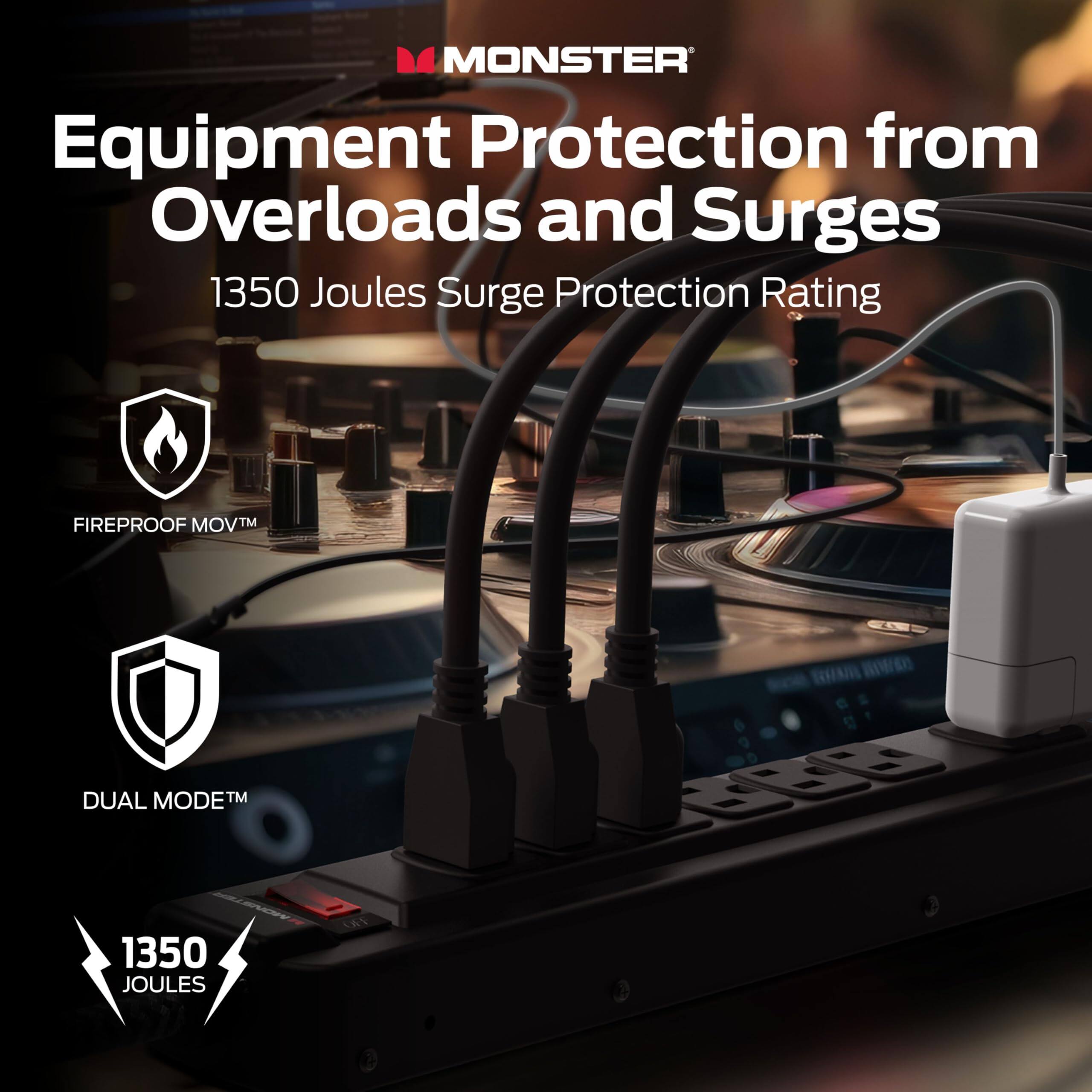 MONSTER  
Equipment Protection from Overloads and Surges  
1350 Joules Surge Protection Rating  

FIREPROOF MOV™  
DUAL MODE™  

1350 JOULES